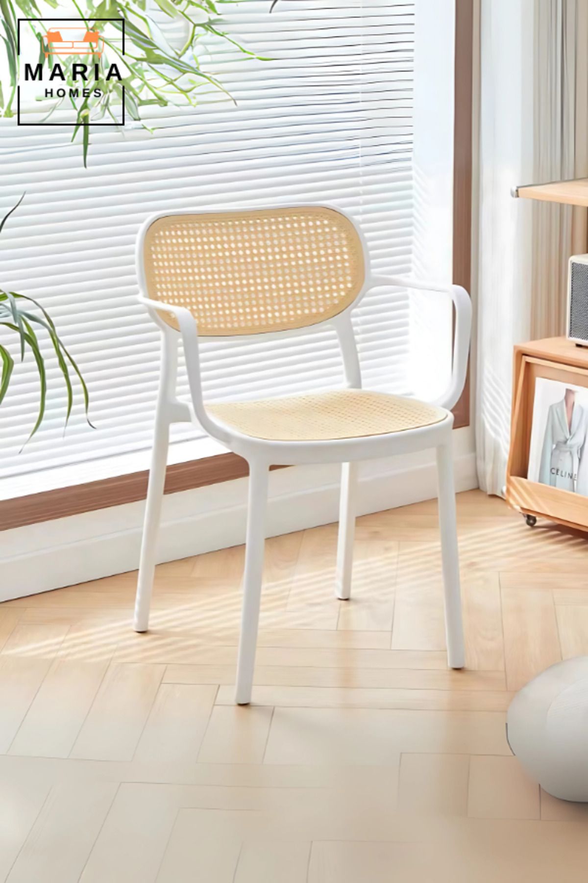 MARIA HOMES-Modern Rattan-Style Plastic Armchair White Frame Dining or Accent Chair by Maria Homes 1