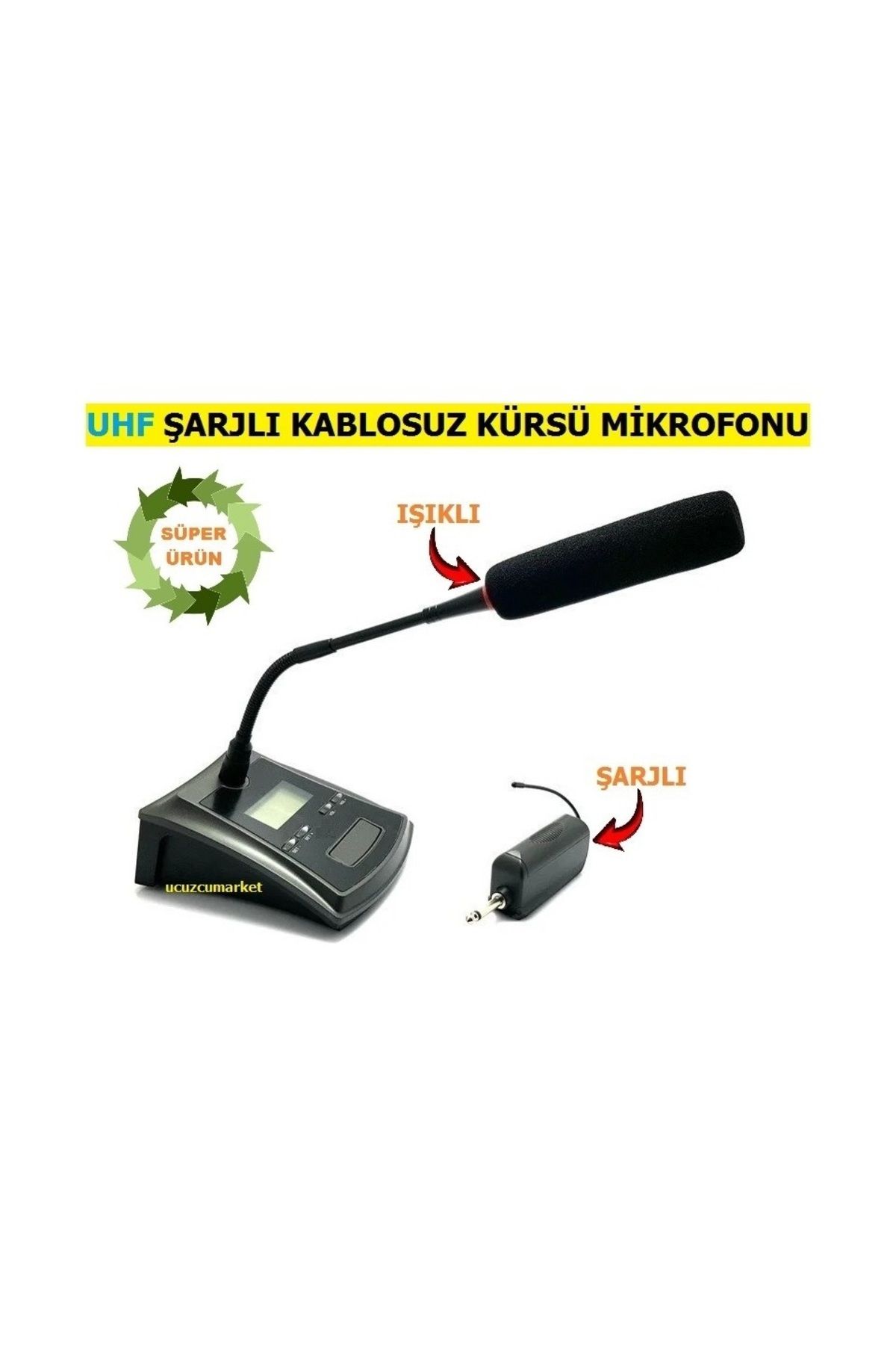 Uygun Uhf Telsiz Kablosuz Kürsü Mikrofonu (Şarjlı - Işıklı - Yüksek Kalite Ses)