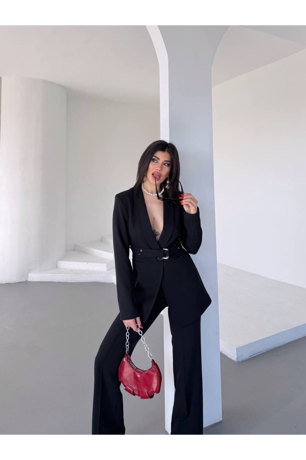 Bella Breeze Kadın İkili Kemer Detay Ceket Palazzo Pantolon Premium Takım Elbise