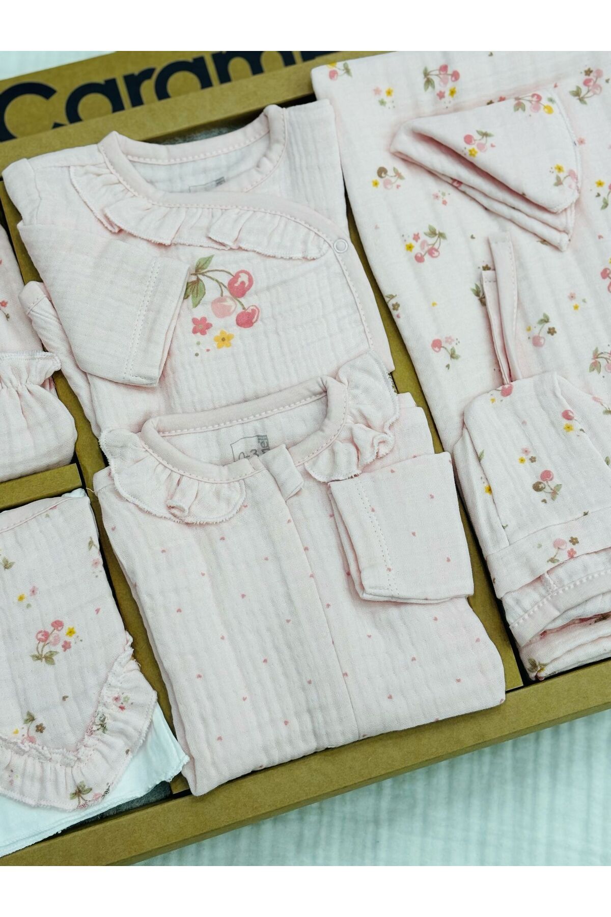 Caramell-Summer 10-Piece Muslin Cherry Pattern Hospital Release Bodysuit Set 3