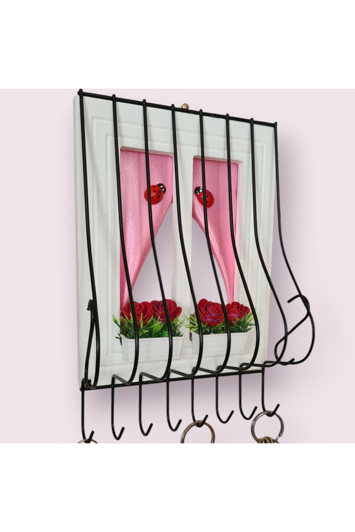 Decorative Wooden Window Model, Flower Pot, Ladybug, Rosary Hanger Pink 21x16cm