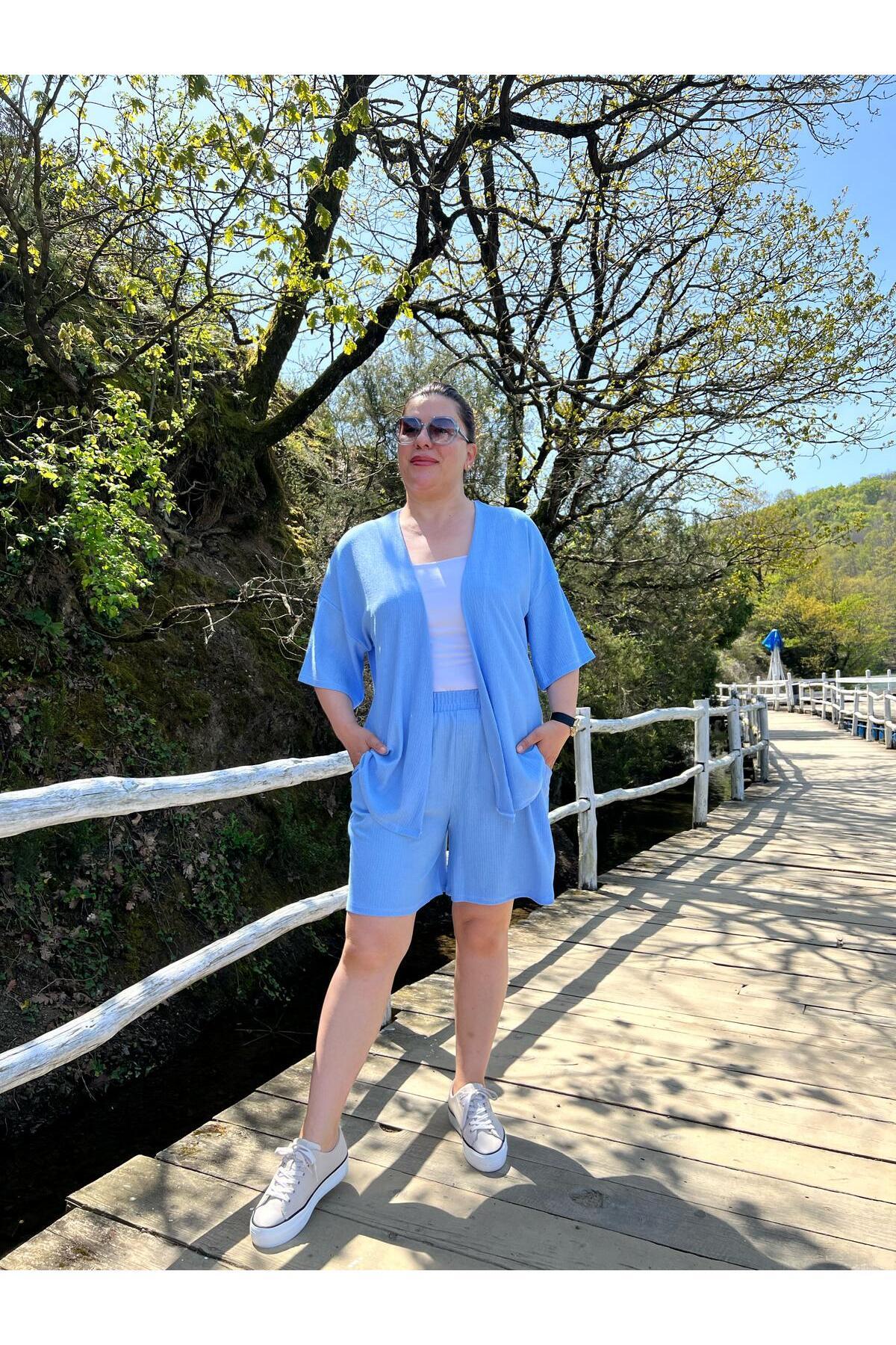 MJORA  Büyük Beden Kimono & Şort Örme Takım - Görsel 8