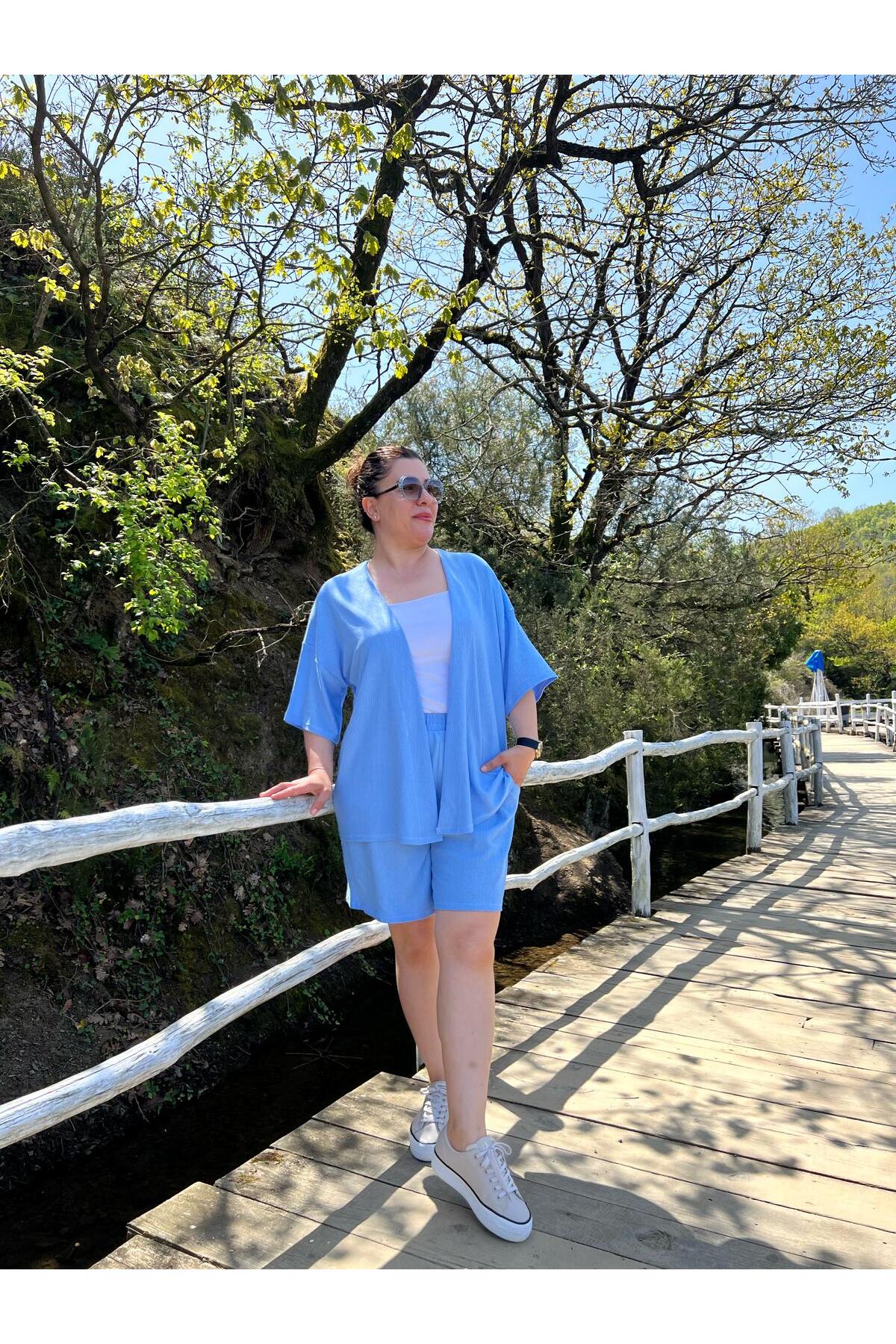 MJORA  Büyük Beden Kimono & Şort Örme Takım - Görsel 7