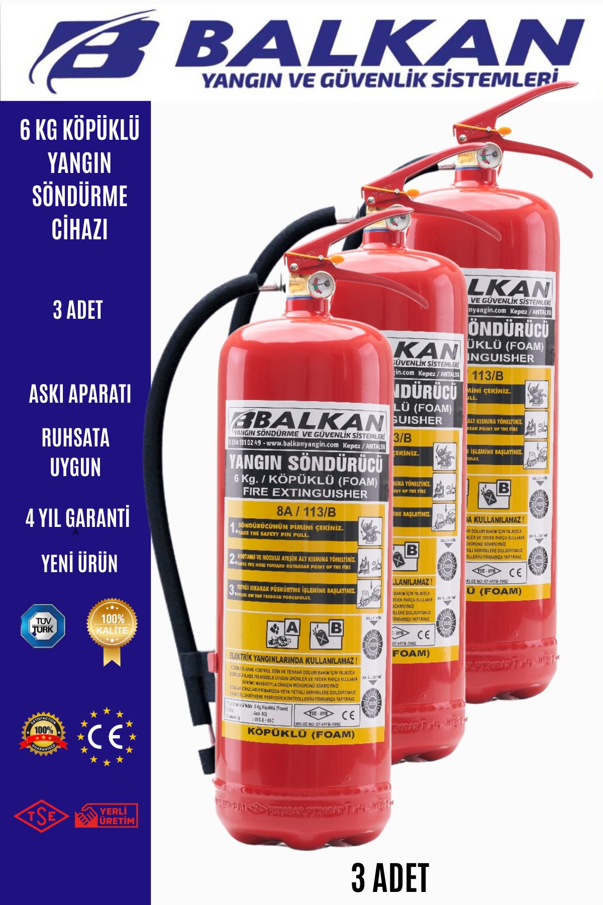 Balkan Ticaret 6 kg köpüklü yangın söndürme cihazı 3 Adet