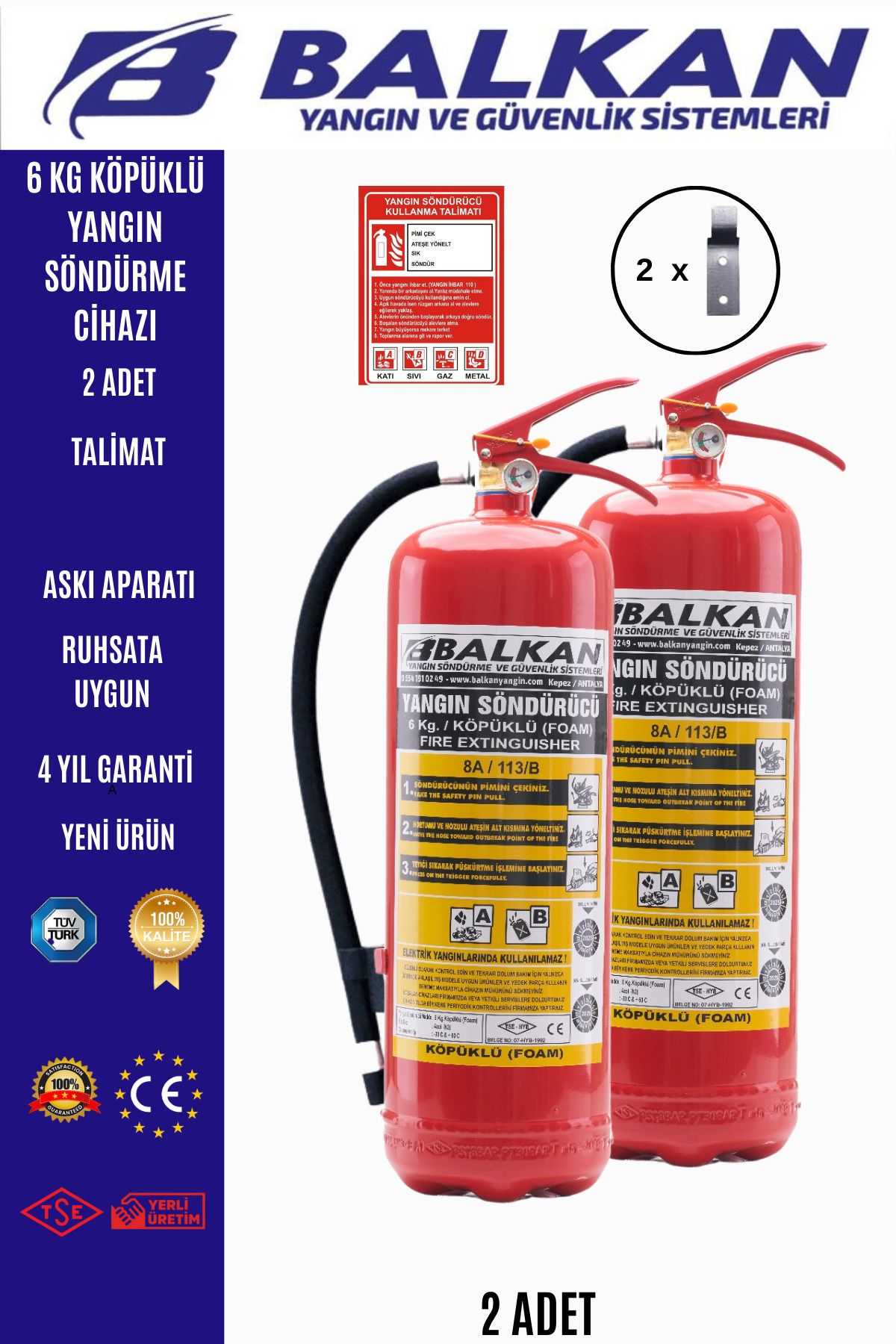 Balkan Ticaret 6 kg köpüklü yangın söndürme cihazı+Talimat+Askı aparatı