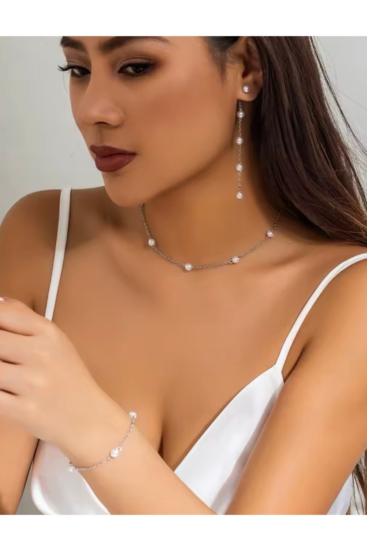 monalisatoka Kadın Gümüş İnci Sıralı Küpe+Kolye+Bileklik Seti