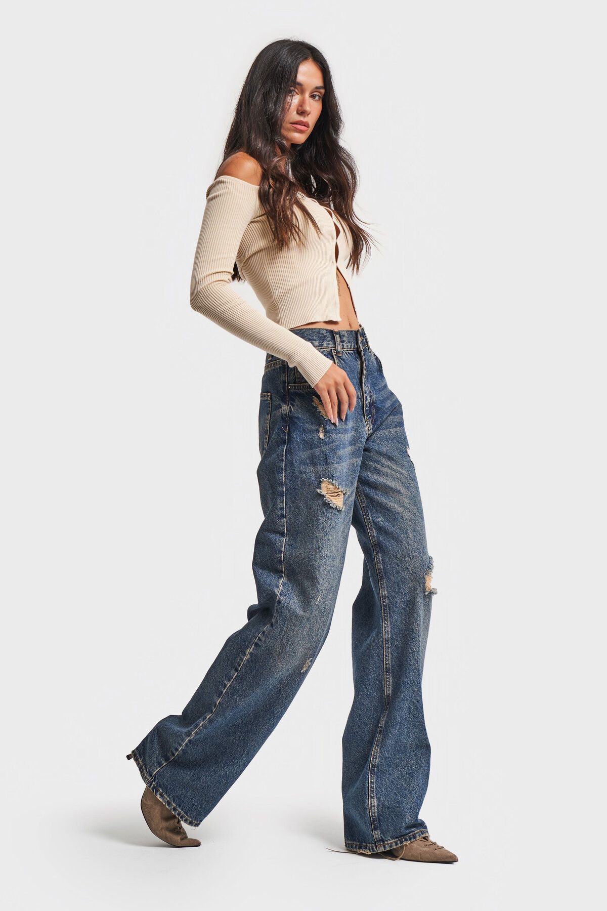 ZRG-Blugi de damă, culoare denim, detaliați rupti, largi, 100% bumbac 6