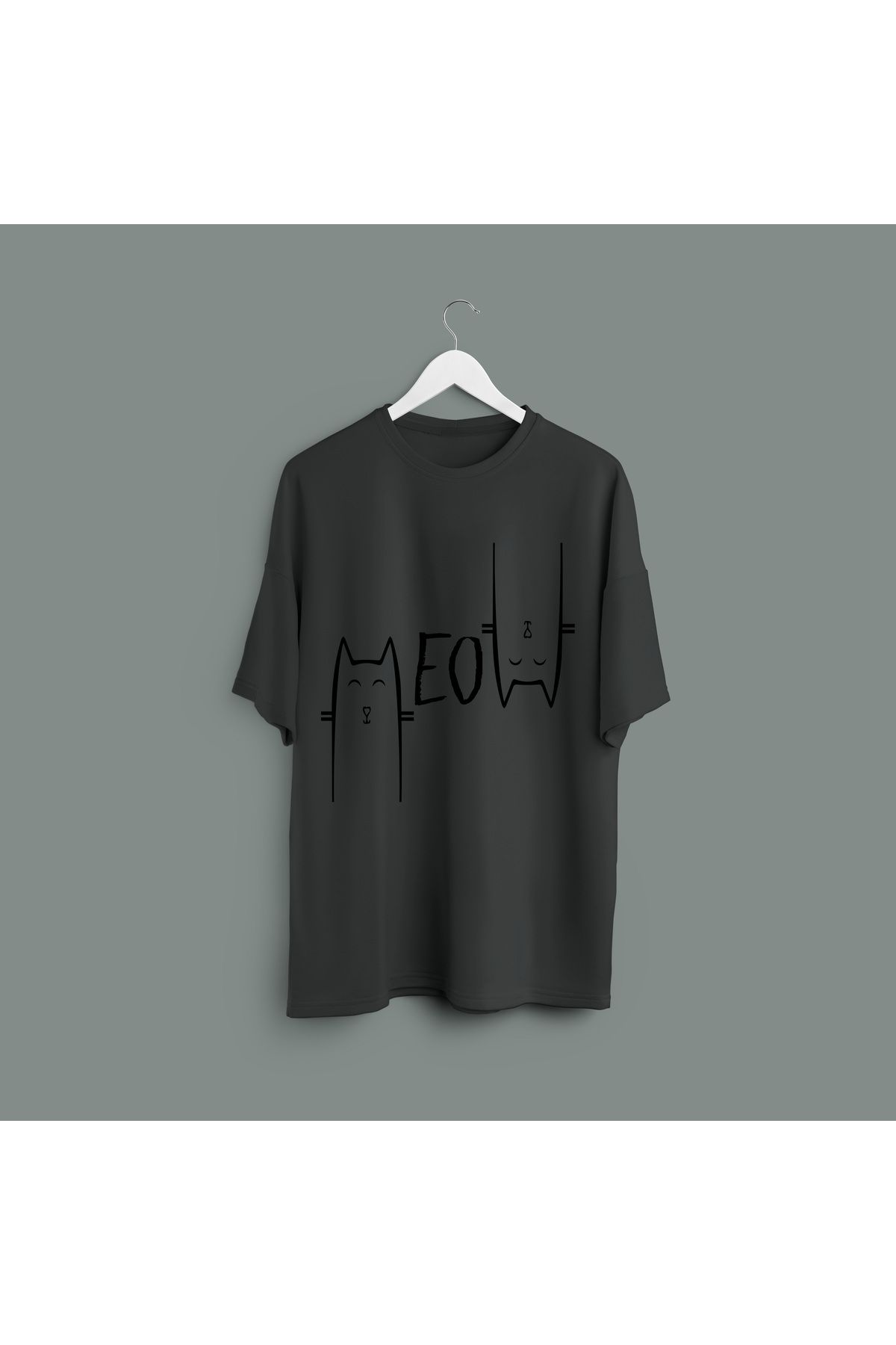 Zestia Unisex T-Shirt,Kedi Baskılı,Regular, %100 Pamuk,Antrasit T-Shirt No: 00220