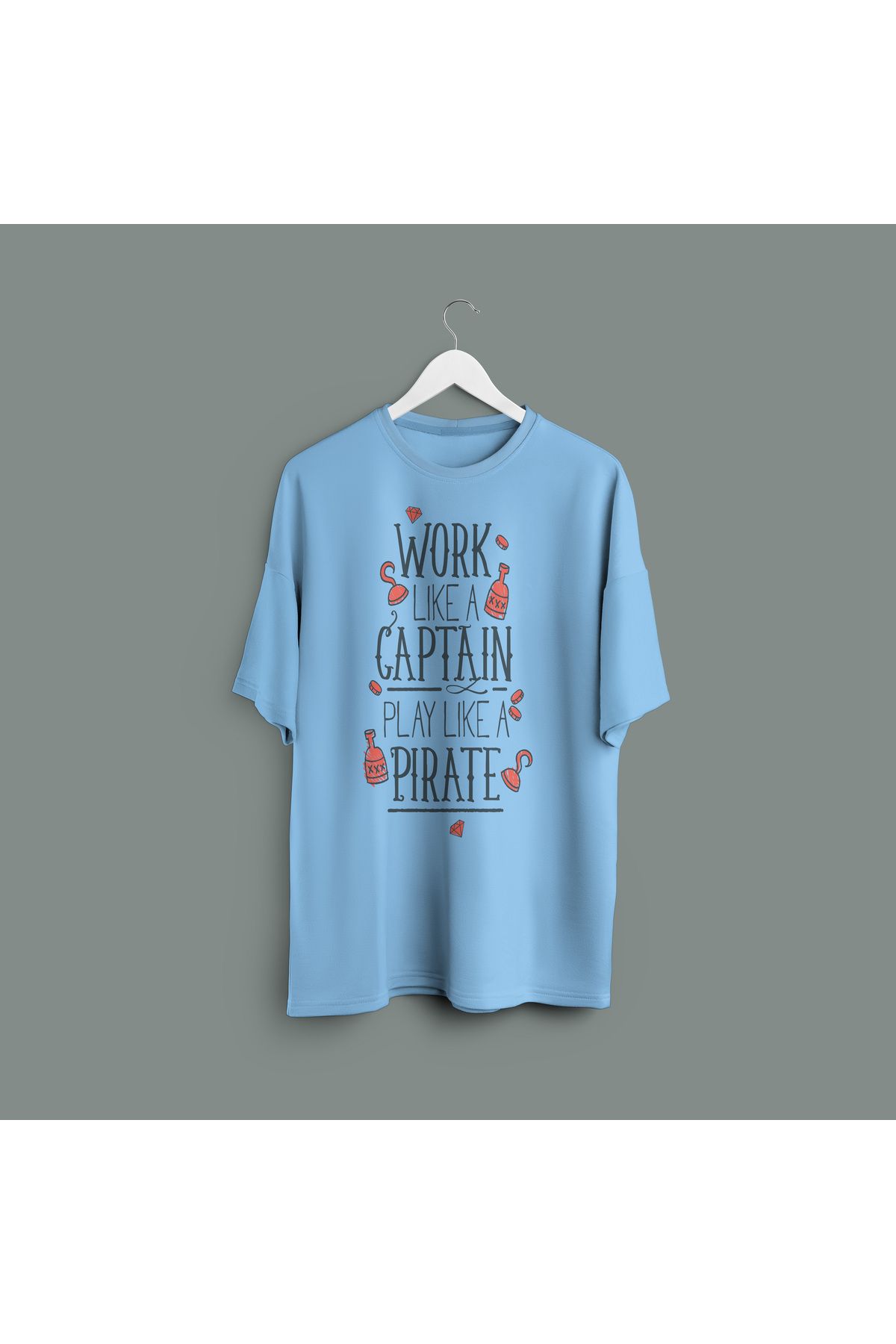 Zestia Unisex T-Shirt,Work Like a Captain Baskılı,Regular, %100 Pamuk,Mavi T-Shirt No: 00444