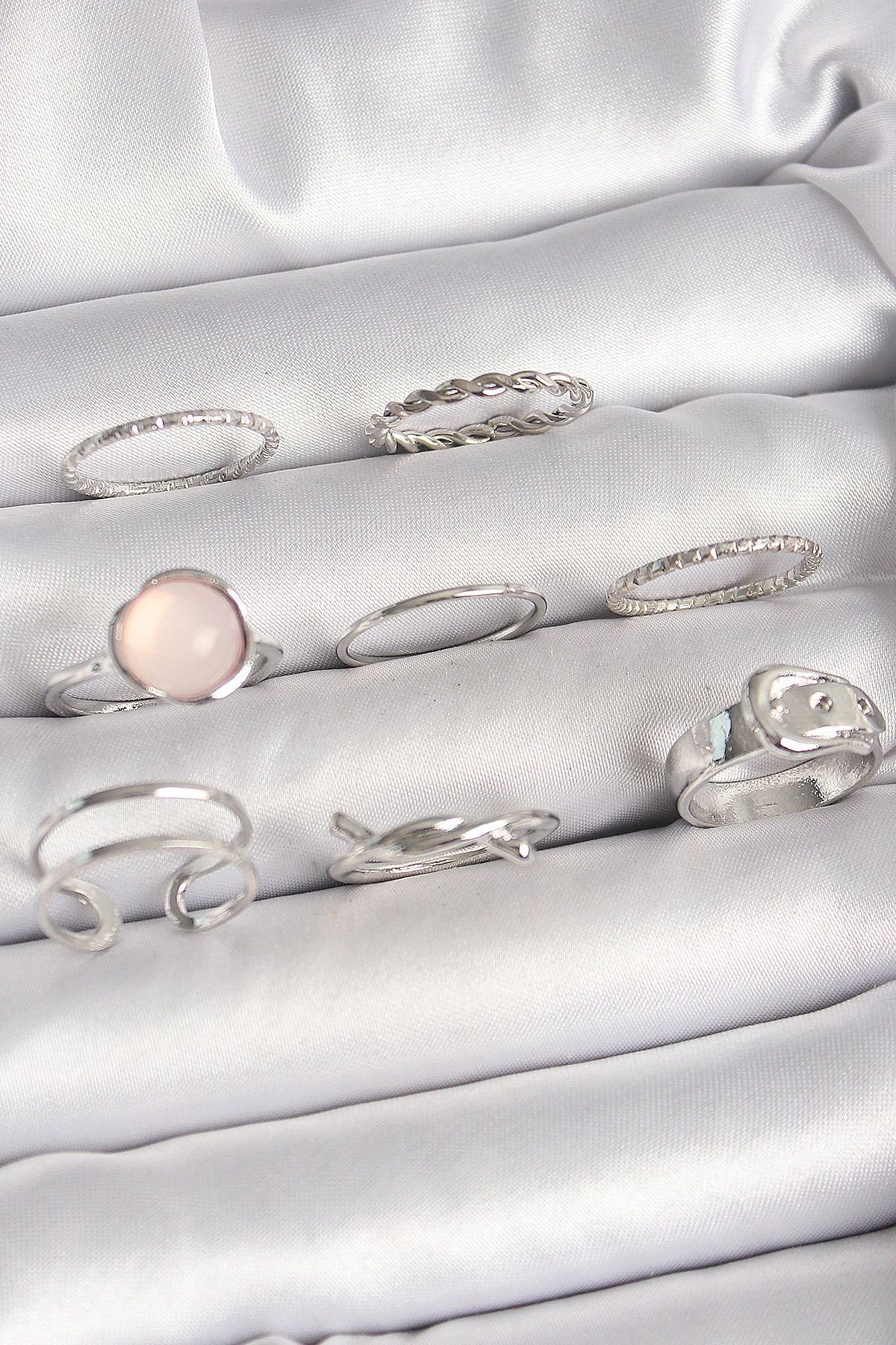 jupiter global bazaar Pirinç Gümüş Renk Pembe Mineli Kemer Düğüm Figür Kadın Yüzük Kombini - TJ-BYK3652