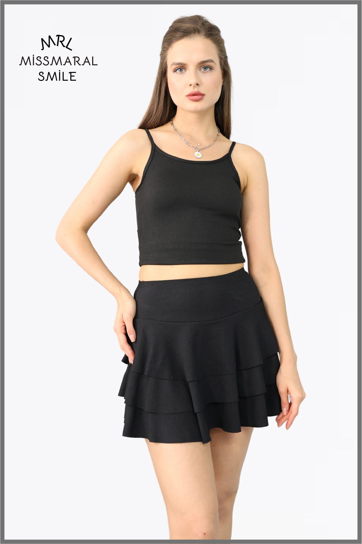 missmaral  Mykonos Etek Siyah Içte Sabit Şortlu Yüksek Bel Likralı Bürümcük Kumaş Skirt With Shorts 1101 - Görsel 5