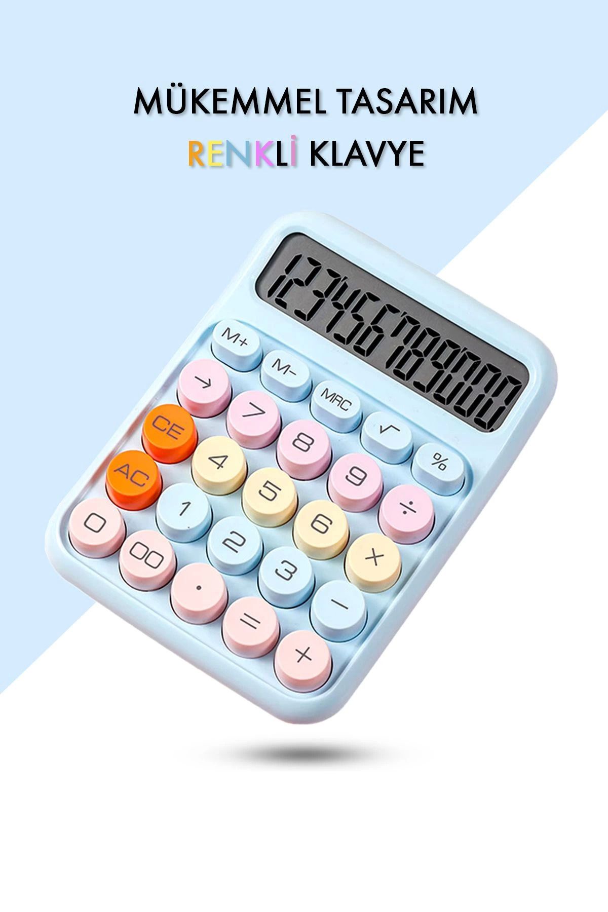 MT29 GİYİM Renkli Hesap Makinesi - 12 Haneli Yuvarlak Tuşlu Mavi Renk Hesap Makinesi - 4 Fonksiyonlu