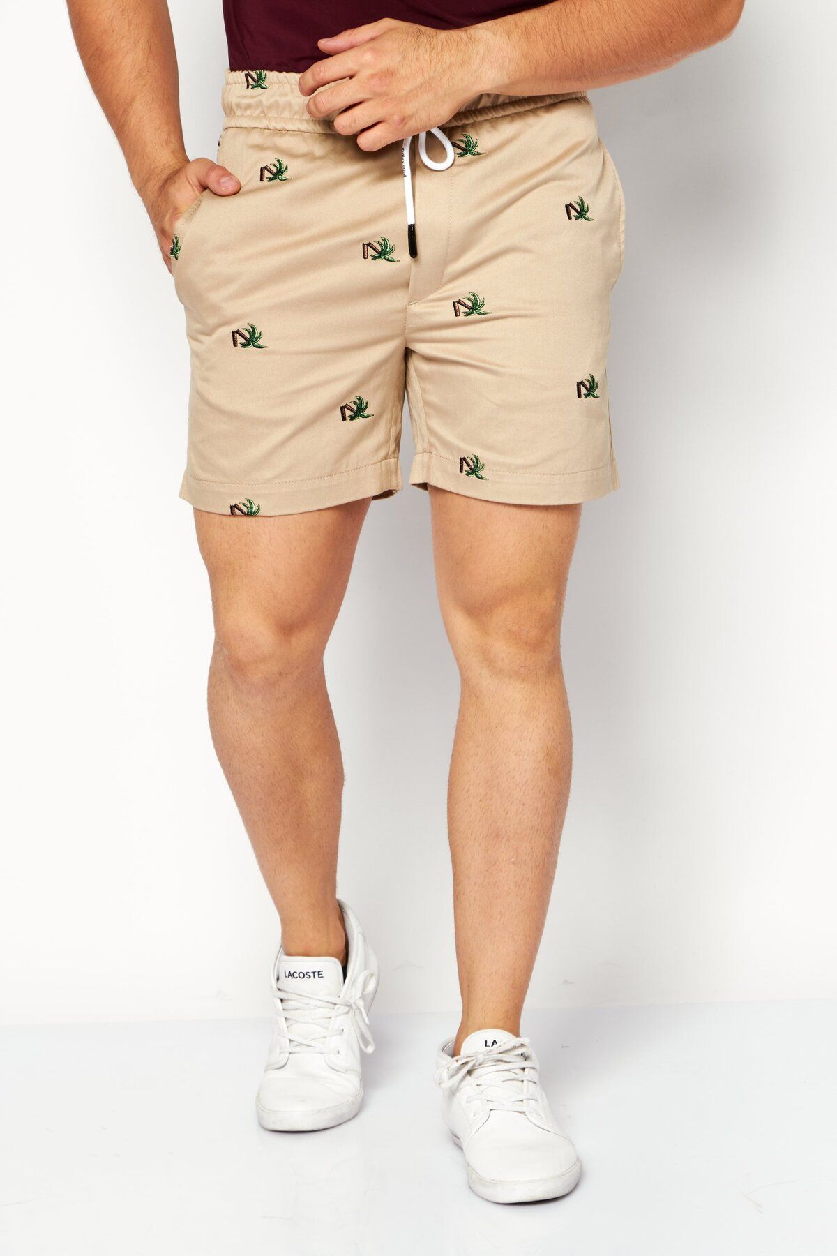 Palm Angels-Men Drawstring Embroidered Short, Beige 1