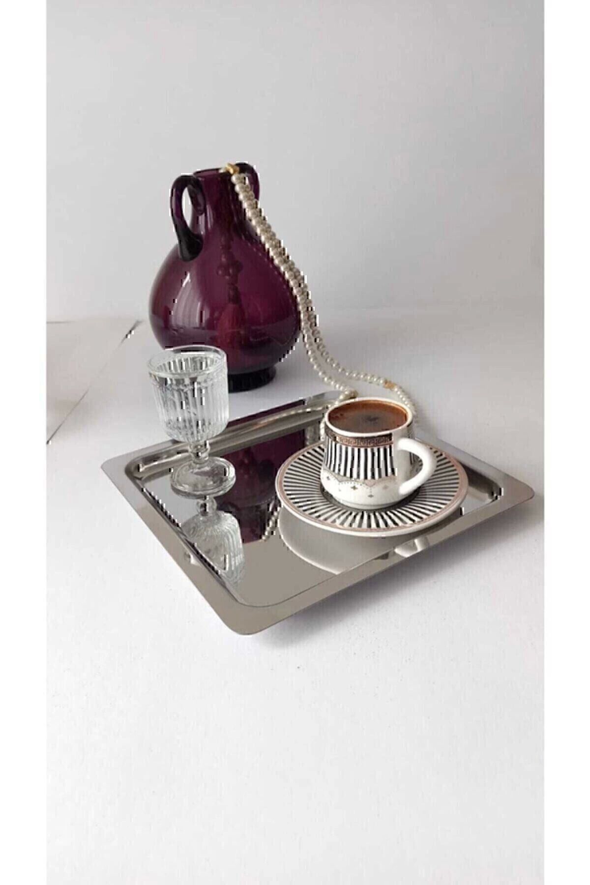 hayalimsah 6'lı Lüx Kare Paslanmaz Çelik Gümüş Renk 21x21cm Kahve Servis Sunum Tepsisi & tabağı