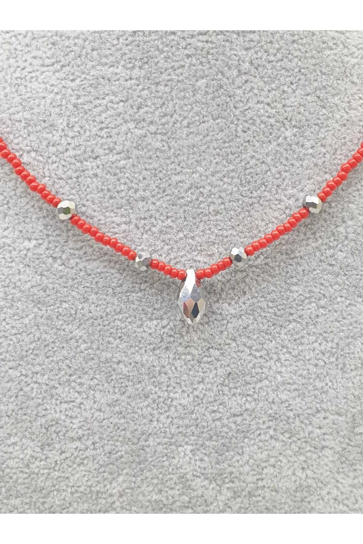 HAPPY HANDMADE 40 CM KRİSTAL TAŞLI KIRMIZI KOLYE/HEDİYELİK KOLYE/ÖZEL TASARIM HEDİYELİK