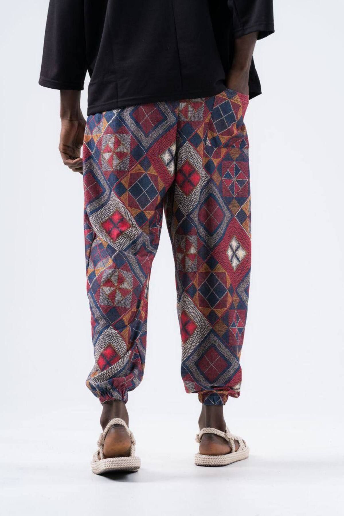 SUPERBLUE-Men's Ethnic Pattern Summer Wrinkle Baggy Trousers 2