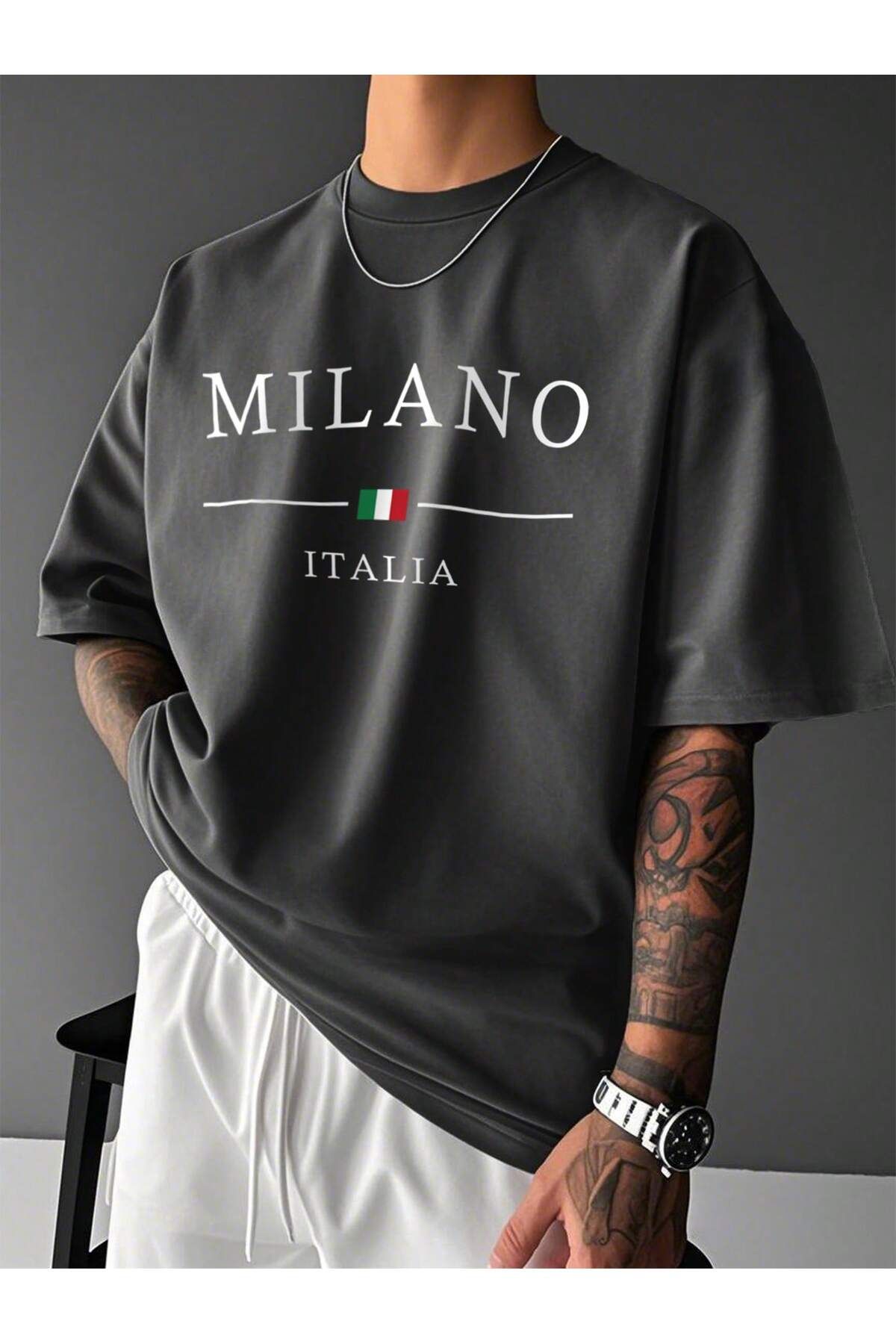 cc collection Milano Baskılı Oversize Erkek T-Shirt