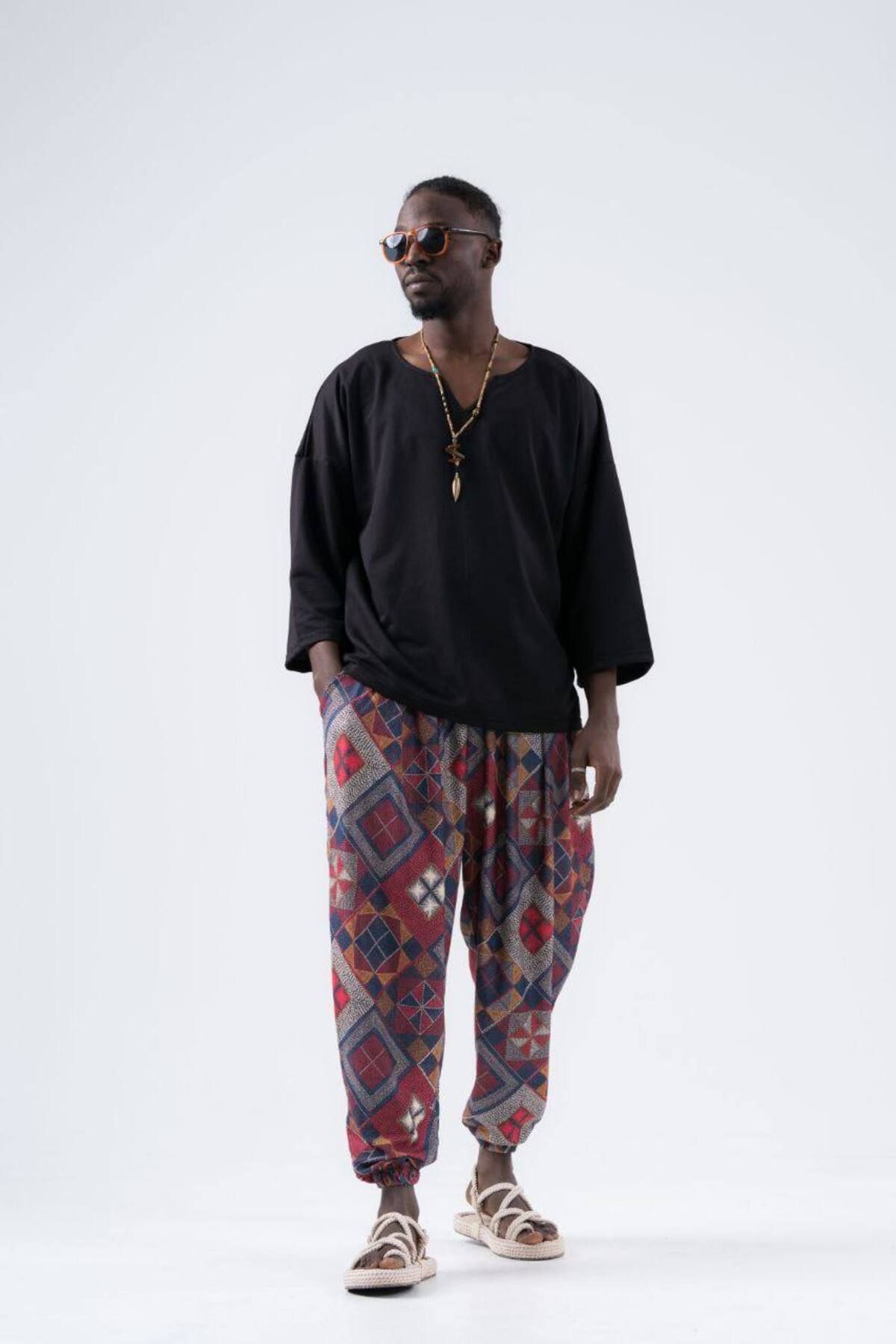 SUPERBLUE-Men's Ethnic Pattern Summer Wrinkle Baggy Trousers 4