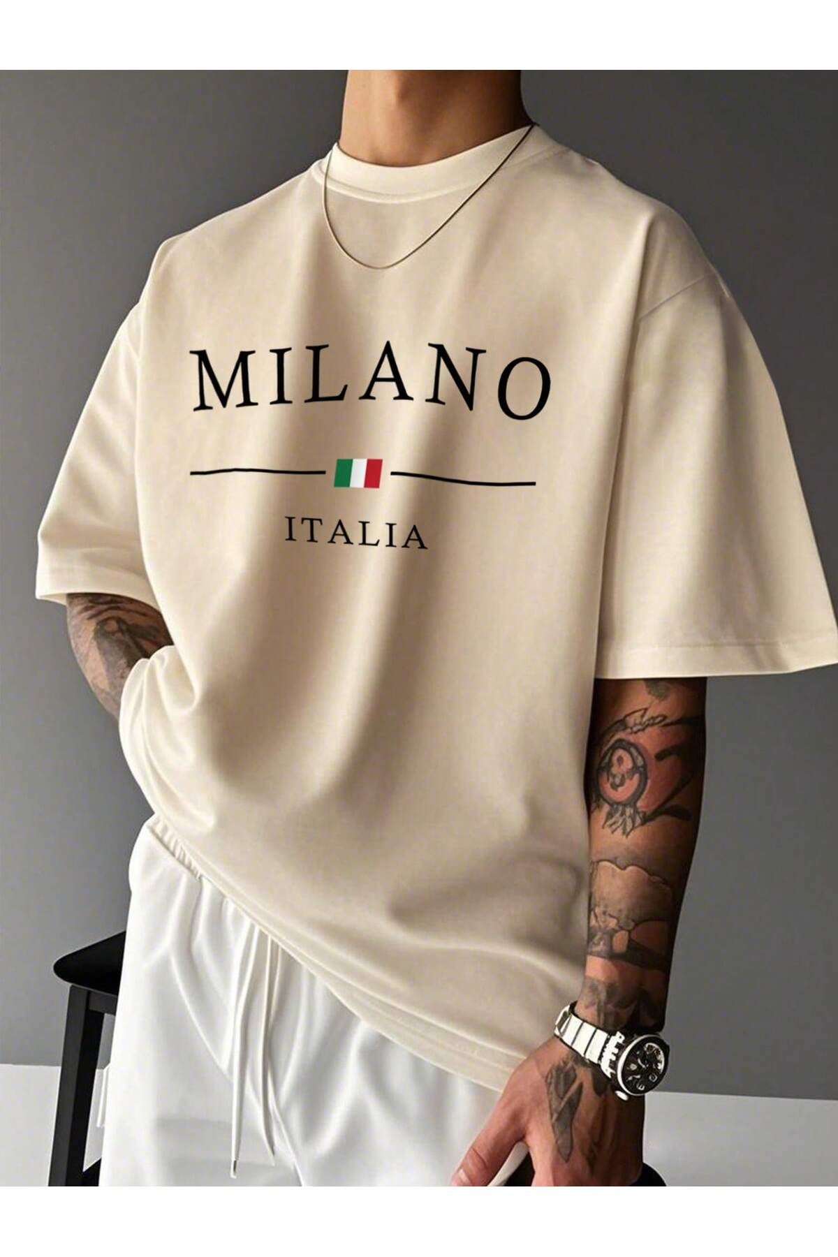 cc collection Milano Baskılı Oversize Erkek T-Shirt