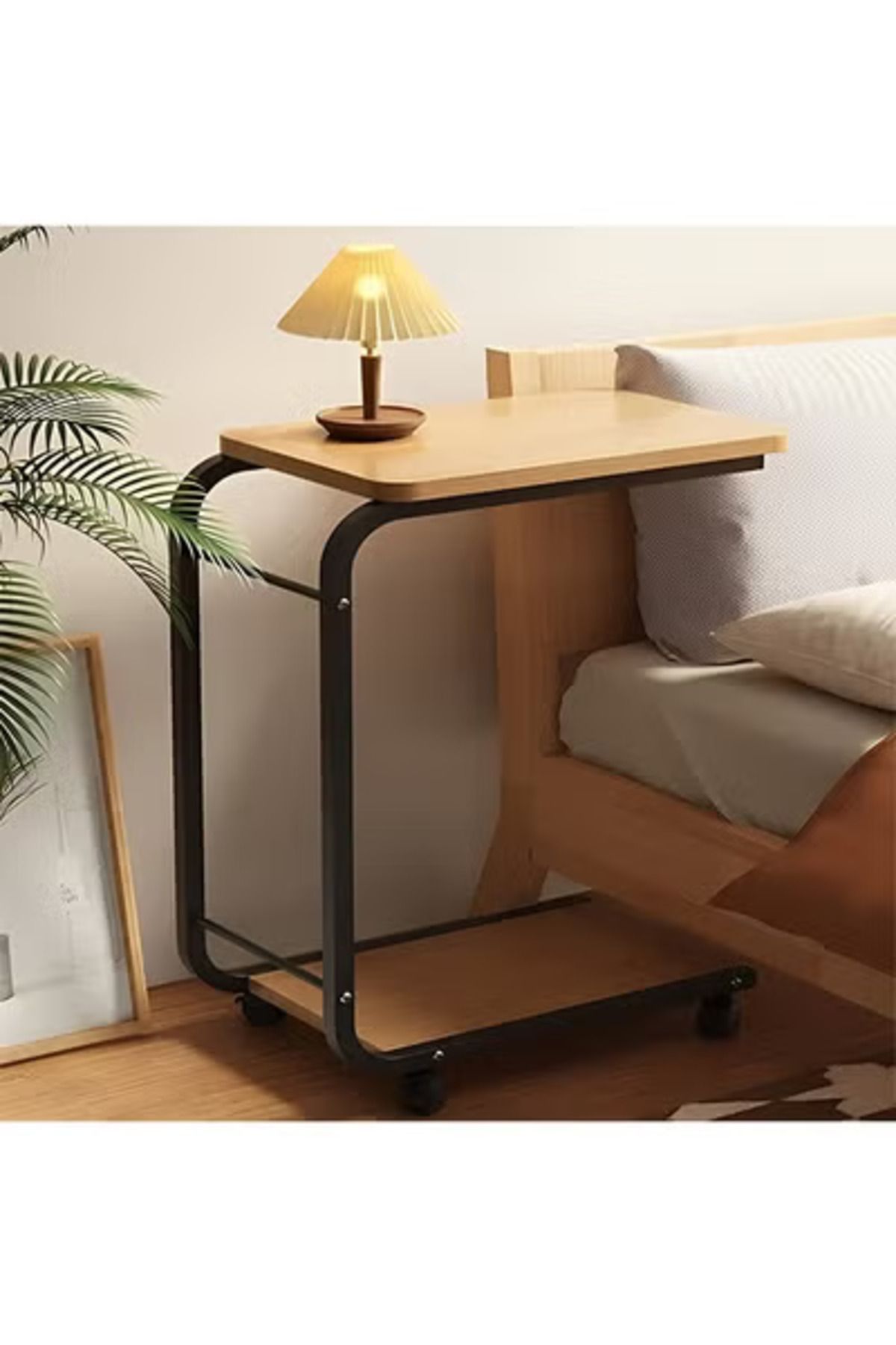 Taimi-C-Shaped Side Table with Wheels and Storage Bag,Coffee Table, 45x30x63CM - Wooden with Black Frame 5