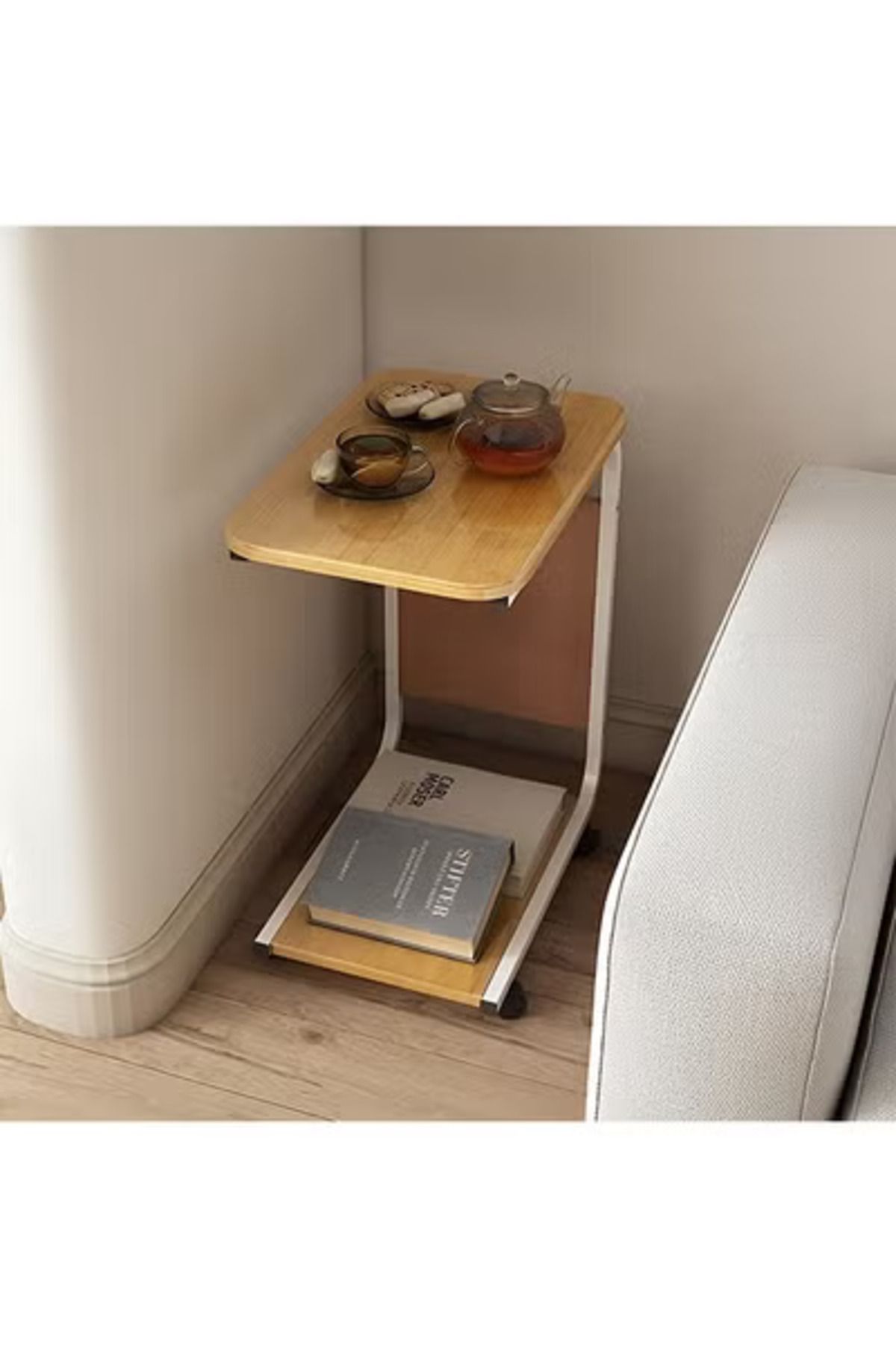 Taimi-C-Shaped Side Table with Wheels and Storage Bag,Coffee Table, 45x30x63CM - Wooden with Black Frame 4