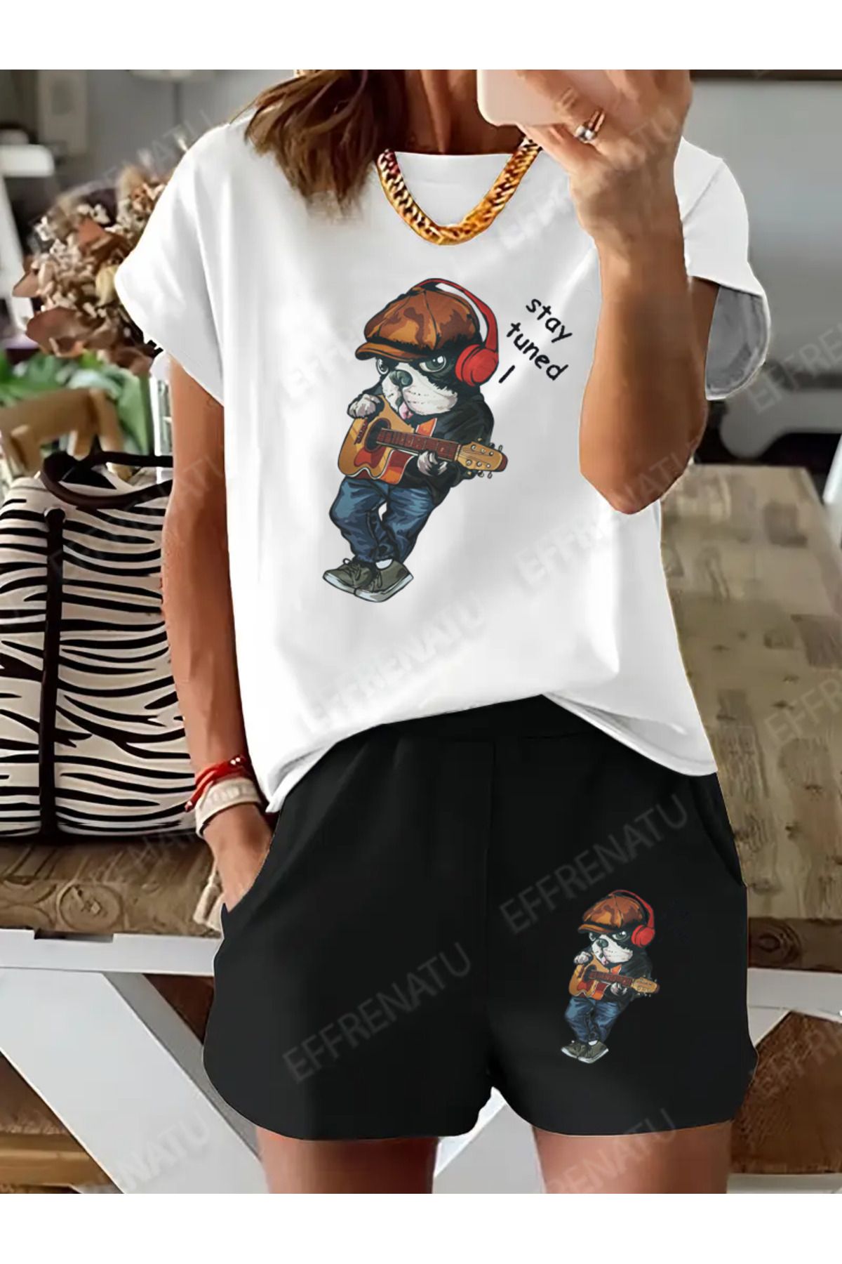 EFFRENATU hila moda Büyük bedenlerde mevcuttur Sevimli ayı desenli siyah beyaz tişört ve şort takımı