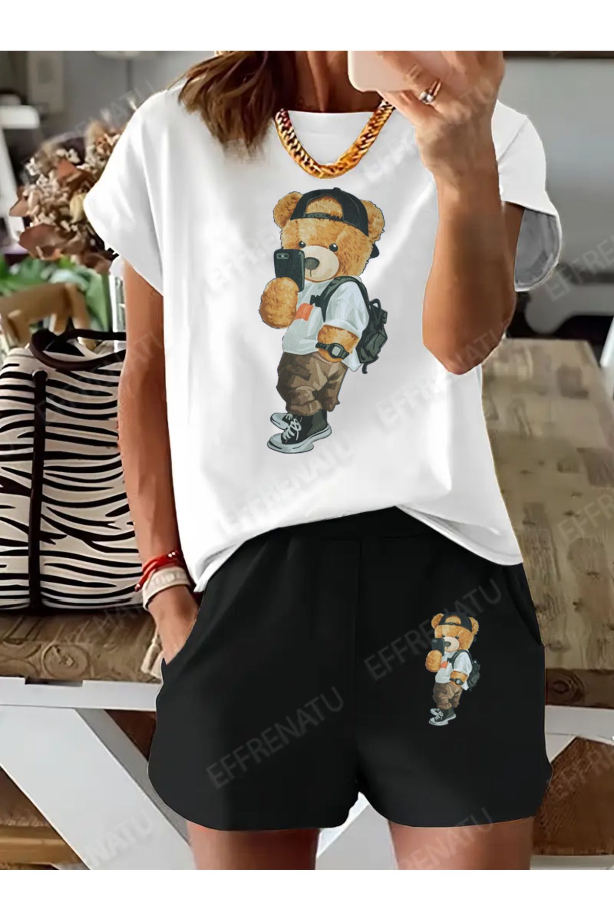 EFFRENATU hila moda Büyük bedenlerde mevcuttur Sevimli ayı desenli siyah beyaz tişört ve şort takımı