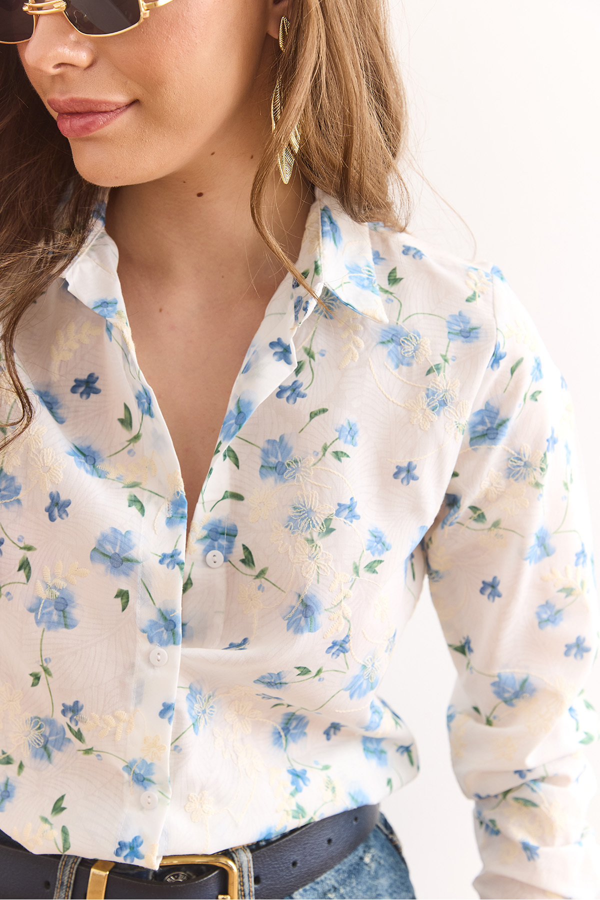 Olalook  Kadın Beyaz Mavi Çiçekli Fisto Gömlek GML-19001327 - Görsel 4