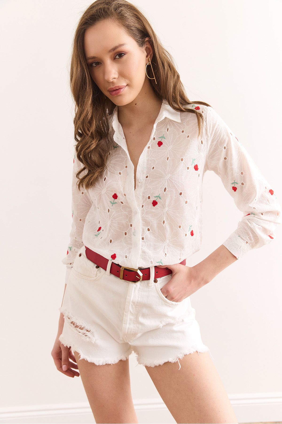 Olalook-Cămașă de damă, albă, roșie, florală, din bumbac, GML-19001326 3