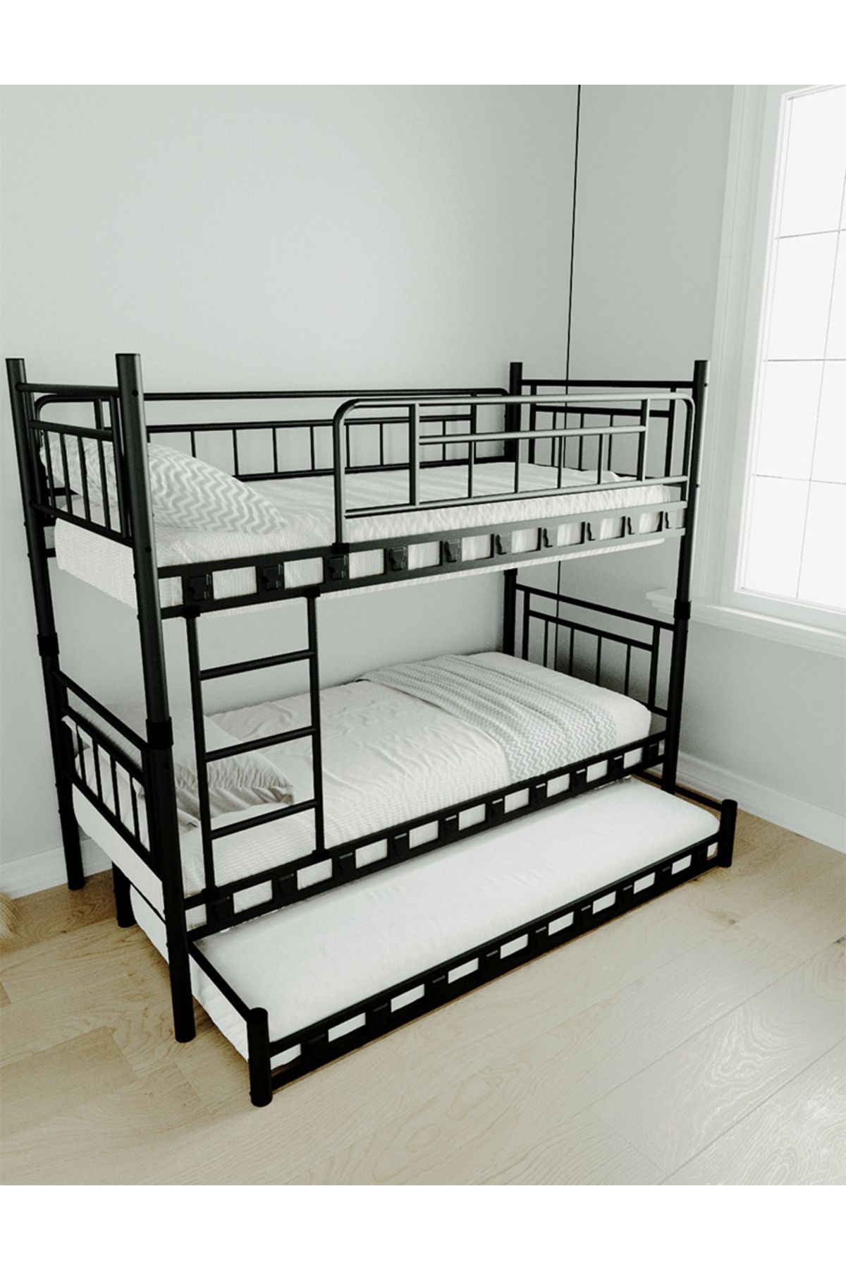 MOBLAY Paris Yavrulu Genç Çocuk Odası Metal Ranza Ve Karyola 90x190 Siyah