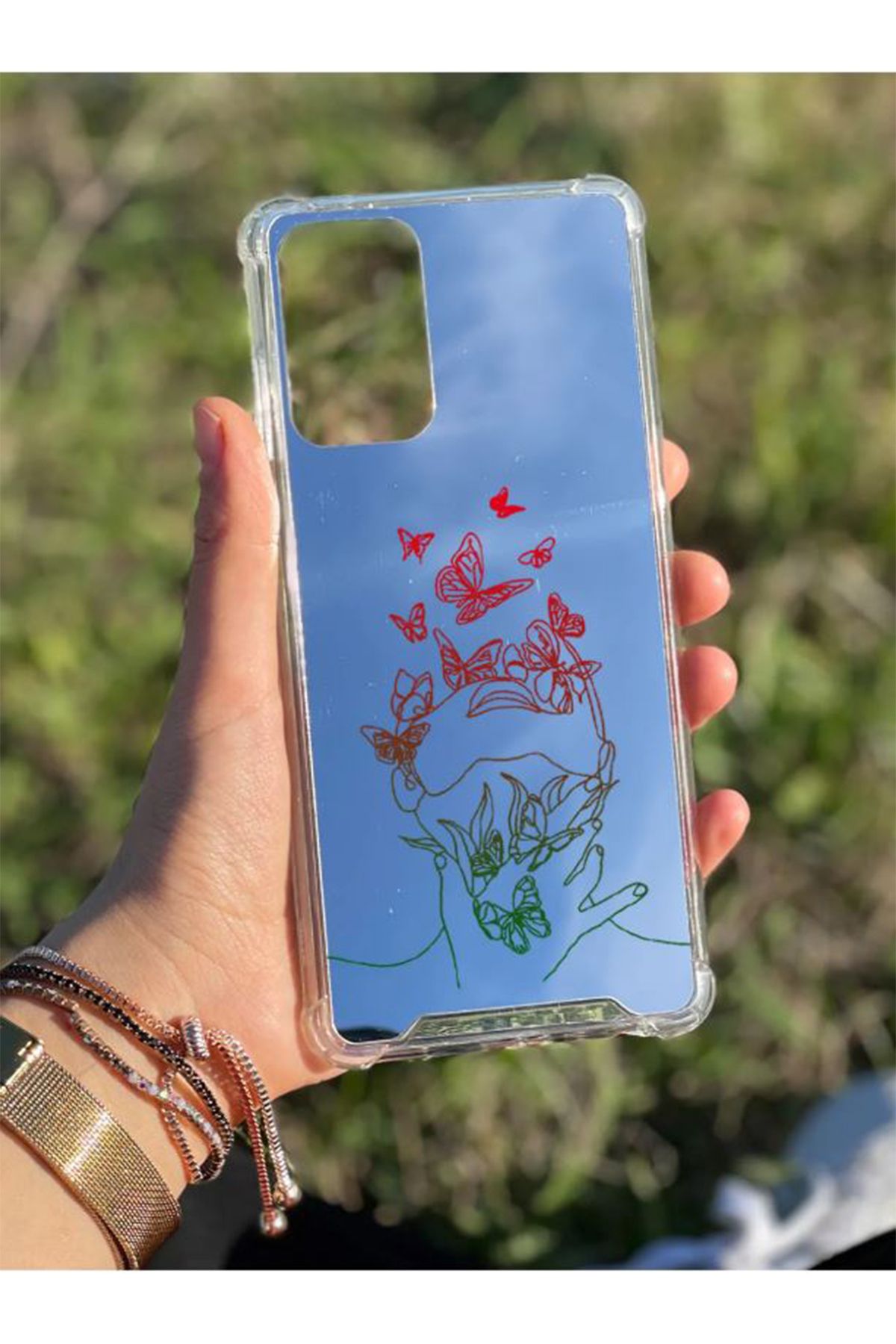 PERAX Samsung Galaxy A25 Uyumlu Gümüş Ayna Baskılı Kelebek Kadın Desenli Kamera Korumalı Telefon Kılıfı
