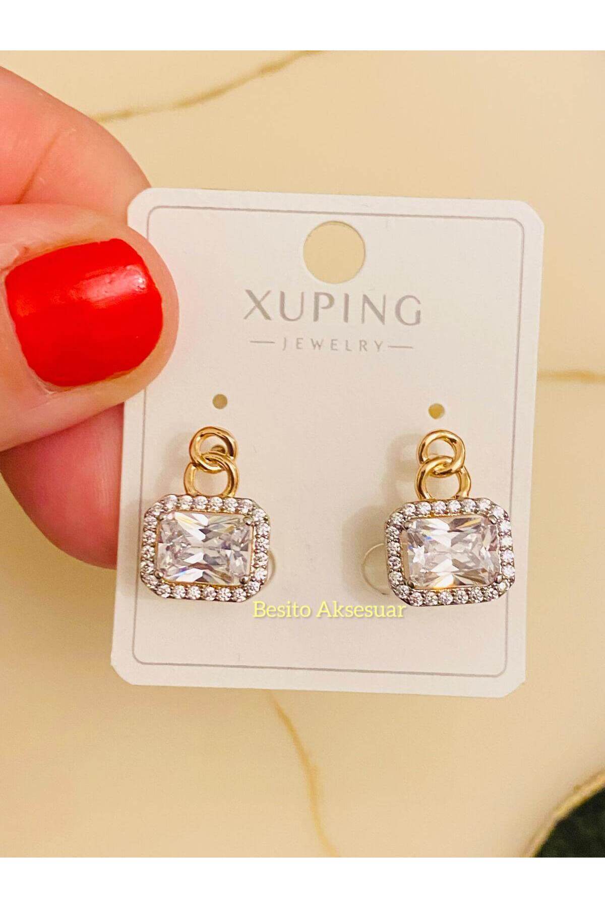 Besito Aksesuar-Horizontal Baguette Stone Chain Model Special Series Earrings 2