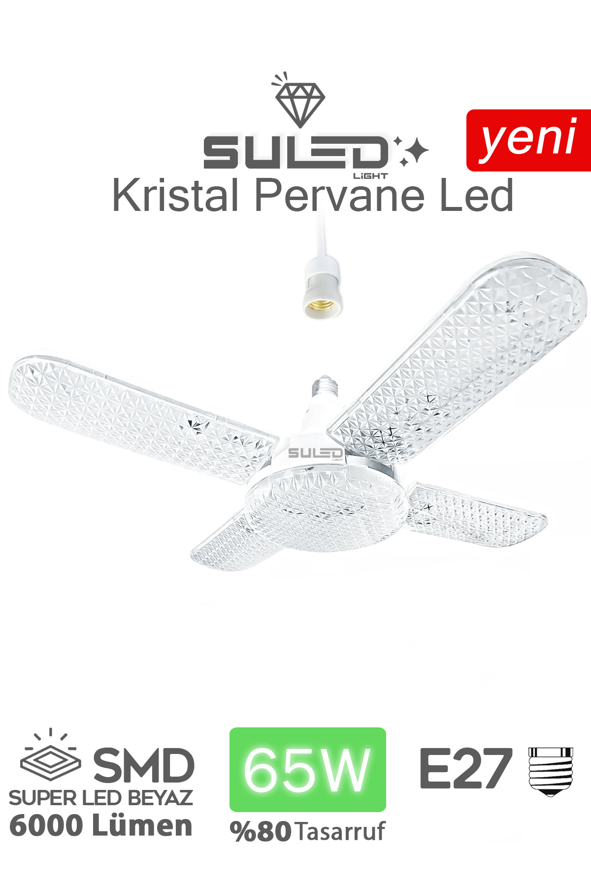 SULED Kristal Pervane 4 Kanat Led Ampül 65W 6000 Lümen Süper Güçlü E27 Lamba A Kalite Beyaz Işık