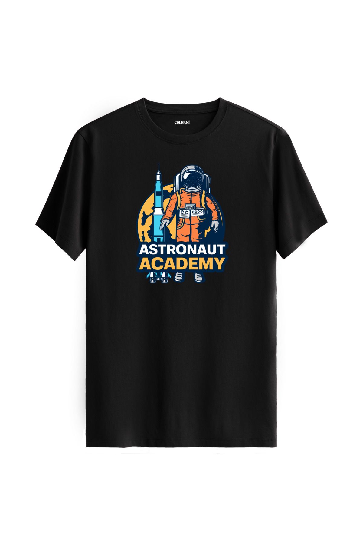 Colermi Astronaut Academy Baskılı Unisex Siyah Tişört