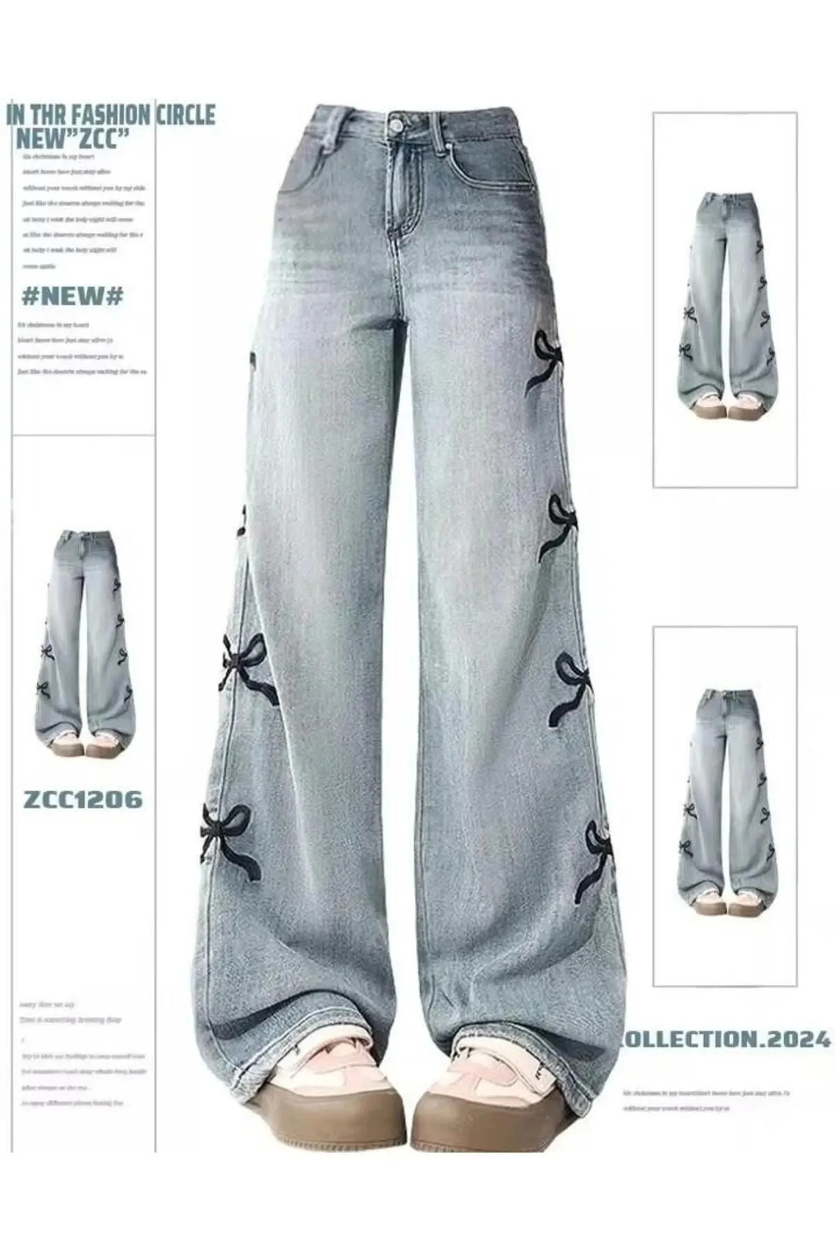 Bravebell Y2k Ribbon Detail Bol Paça Yıkamalı Pantolon Jean