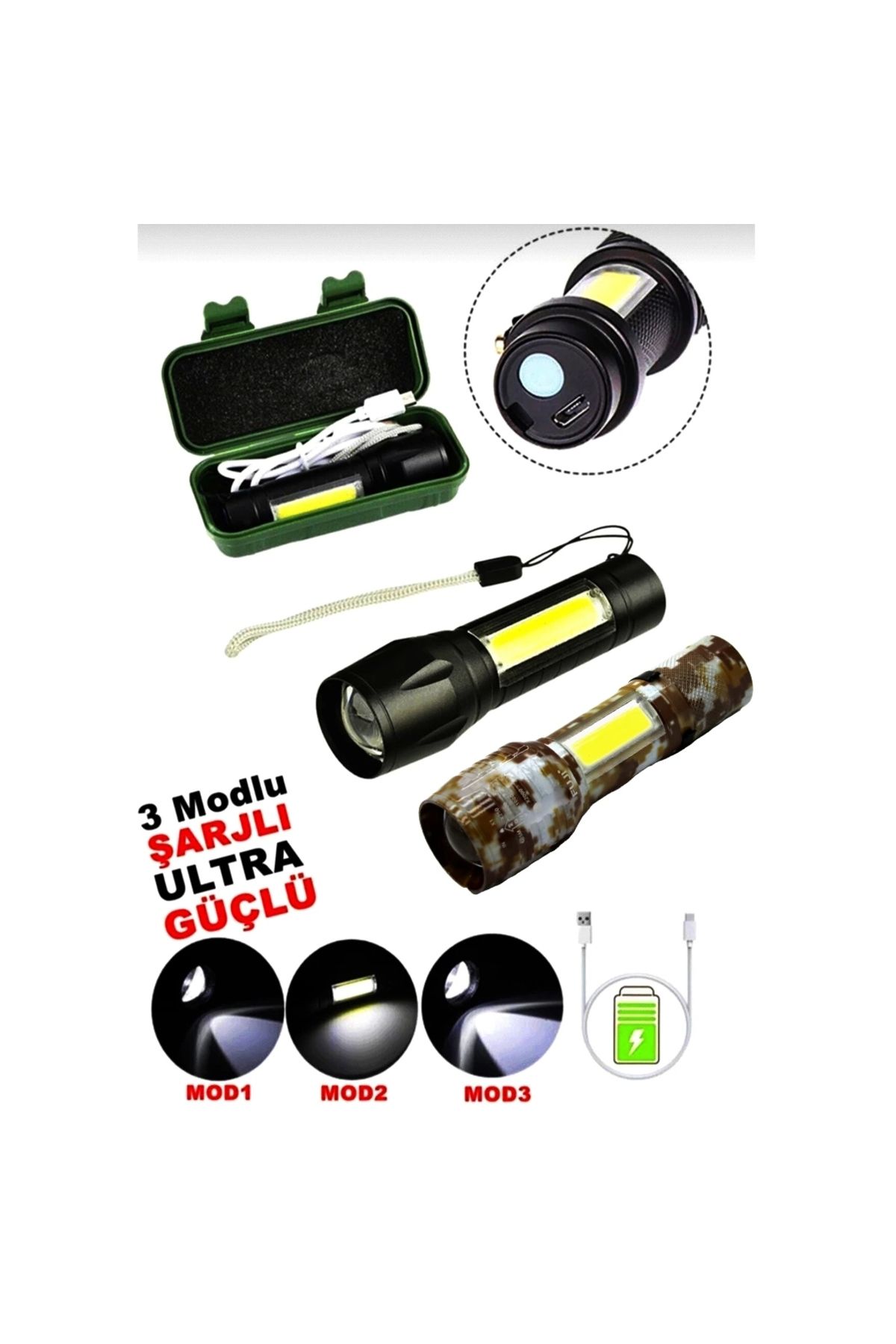 FTT SHOPPING MARKET Usb Charge 2in13w+1w Usb Şarjlı Ledli El Feneri Metal Kasa Pls.kutu