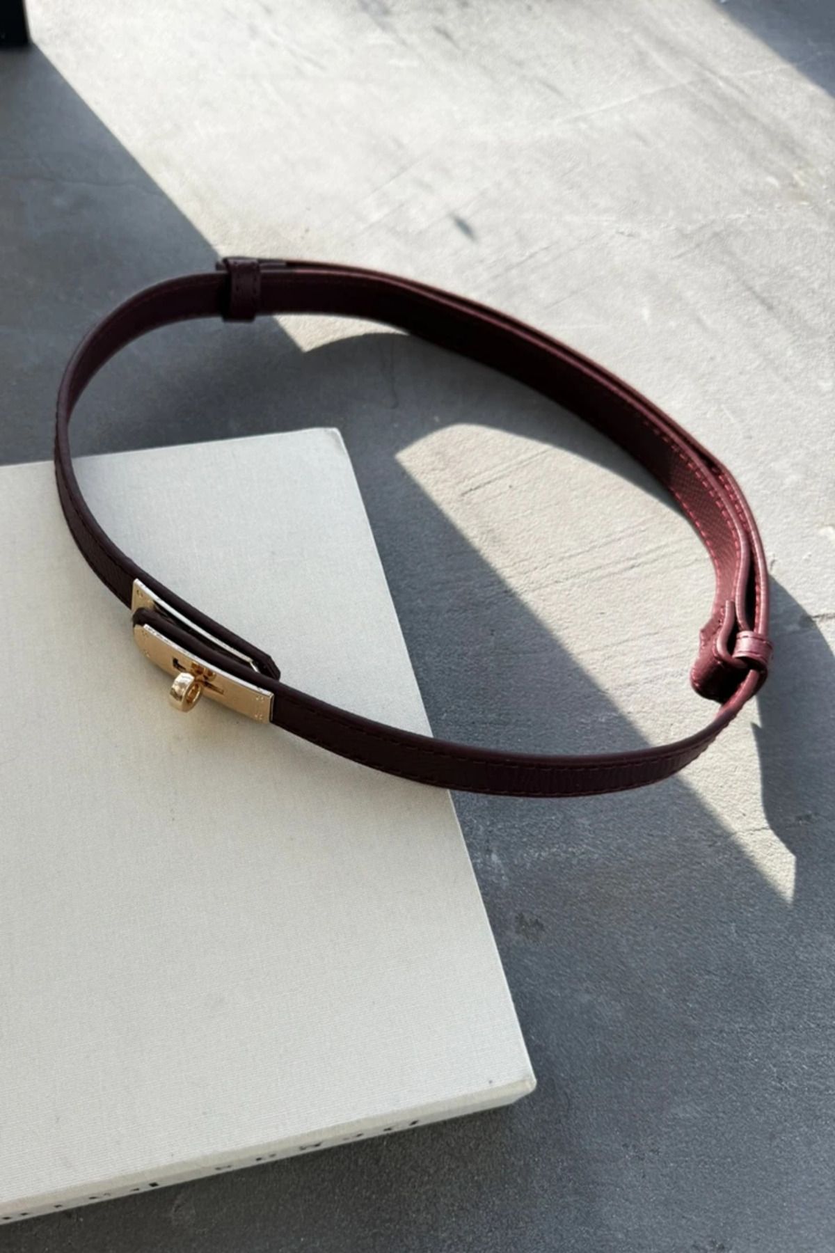 LEONAS-Women's Burgundy Belt with Adjustable Gold Lock Buckle 3