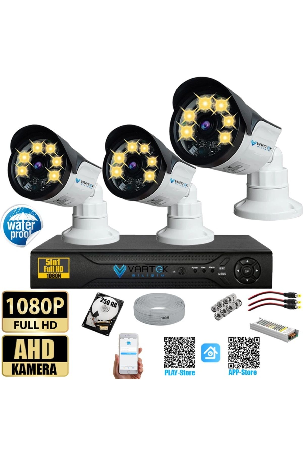 VARTEK BİLİŞİM 3 Kameralı Set 250 Gb Hdd Full Hd Gece Görüşlü Güvenlik Kamerası Sistemi-Sabit İp Gerektirmez-