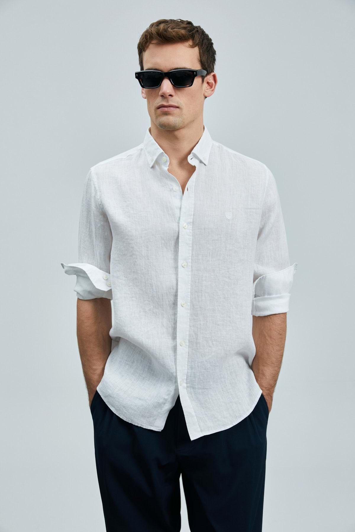Lufian 111010630 Cămașă De In Pitaya Cămașă Pentru Bărbați, Cu Potrivire Confortabilă, Albă Masculin - XL