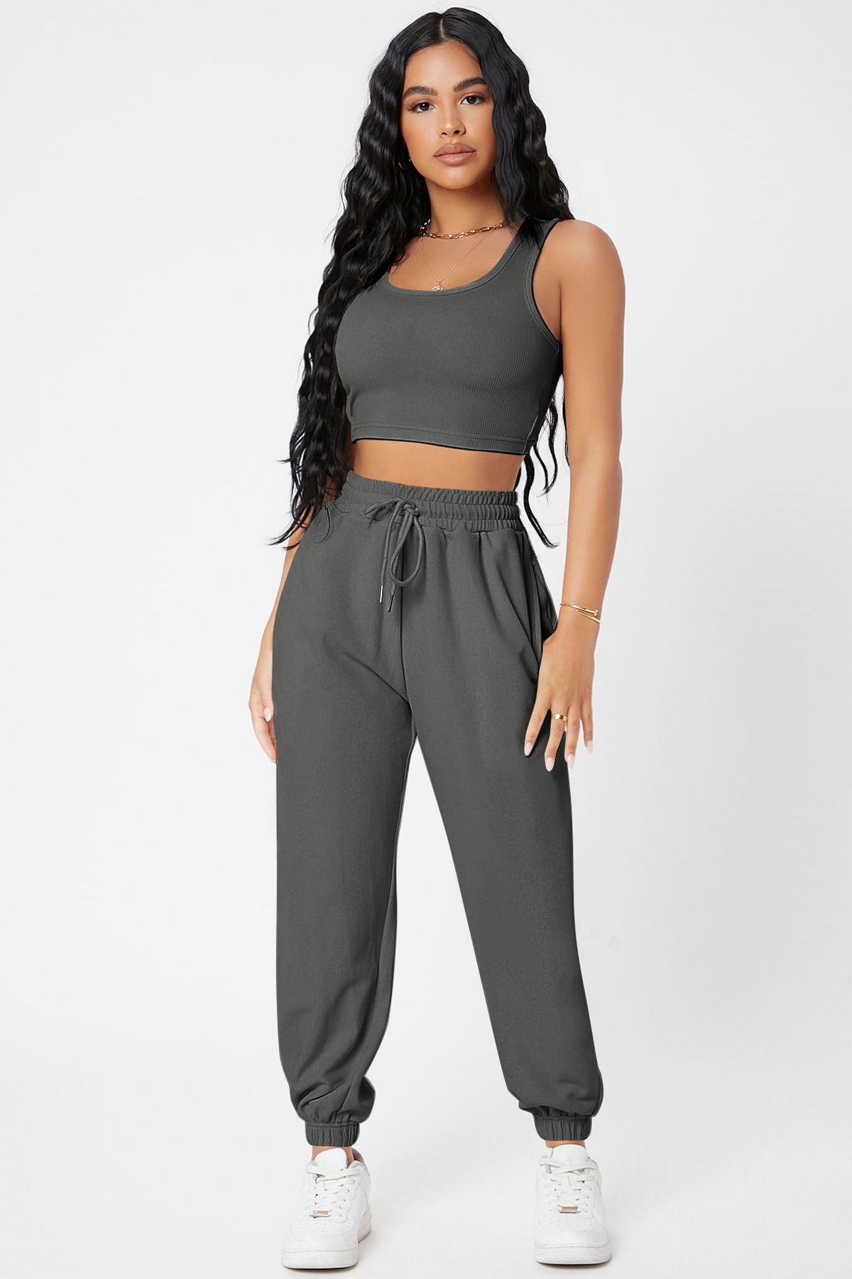 TenveTen Kadın Antrasit Gri Kaşkorse Cepli  Eşofman Altı ve Crop Top Bluz