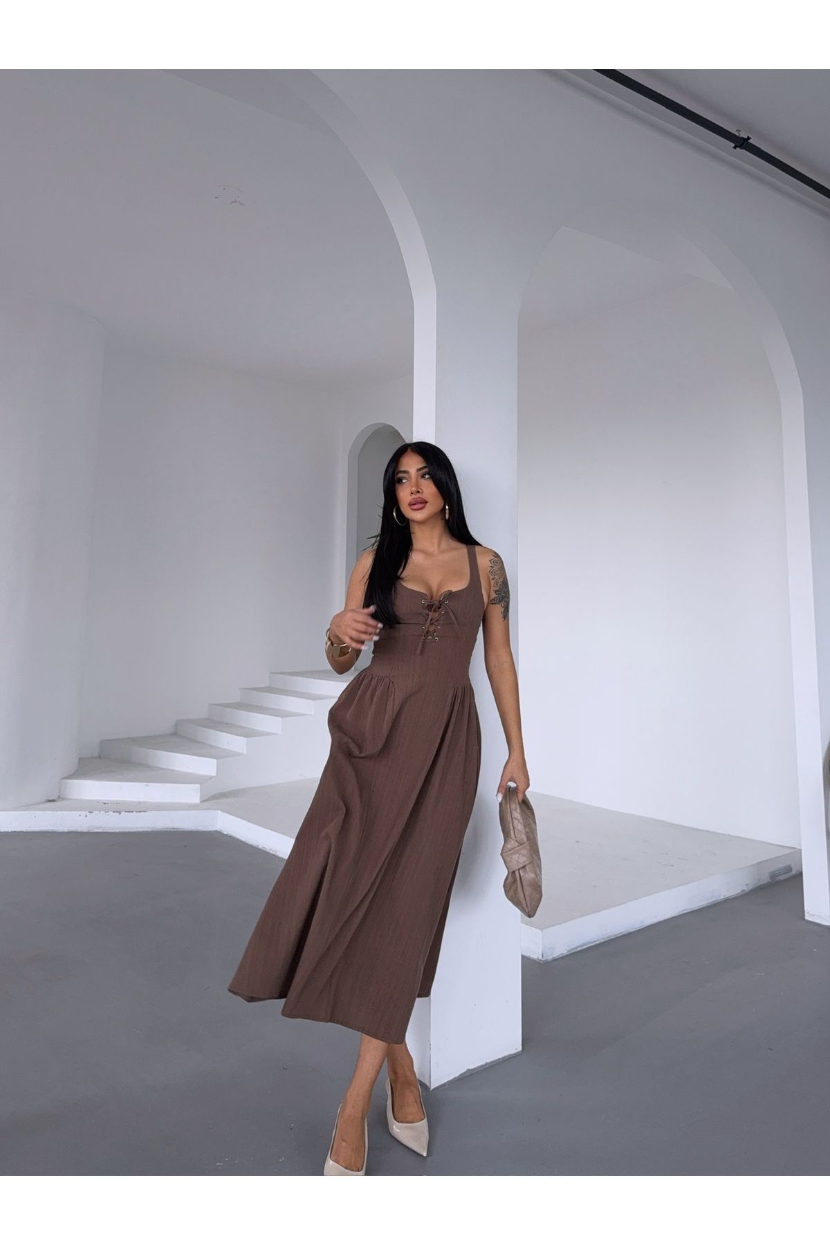 R&G RIMANERE GIOVANI-Women's Lace-Up Chest Detailed Summer Midi Dress 3