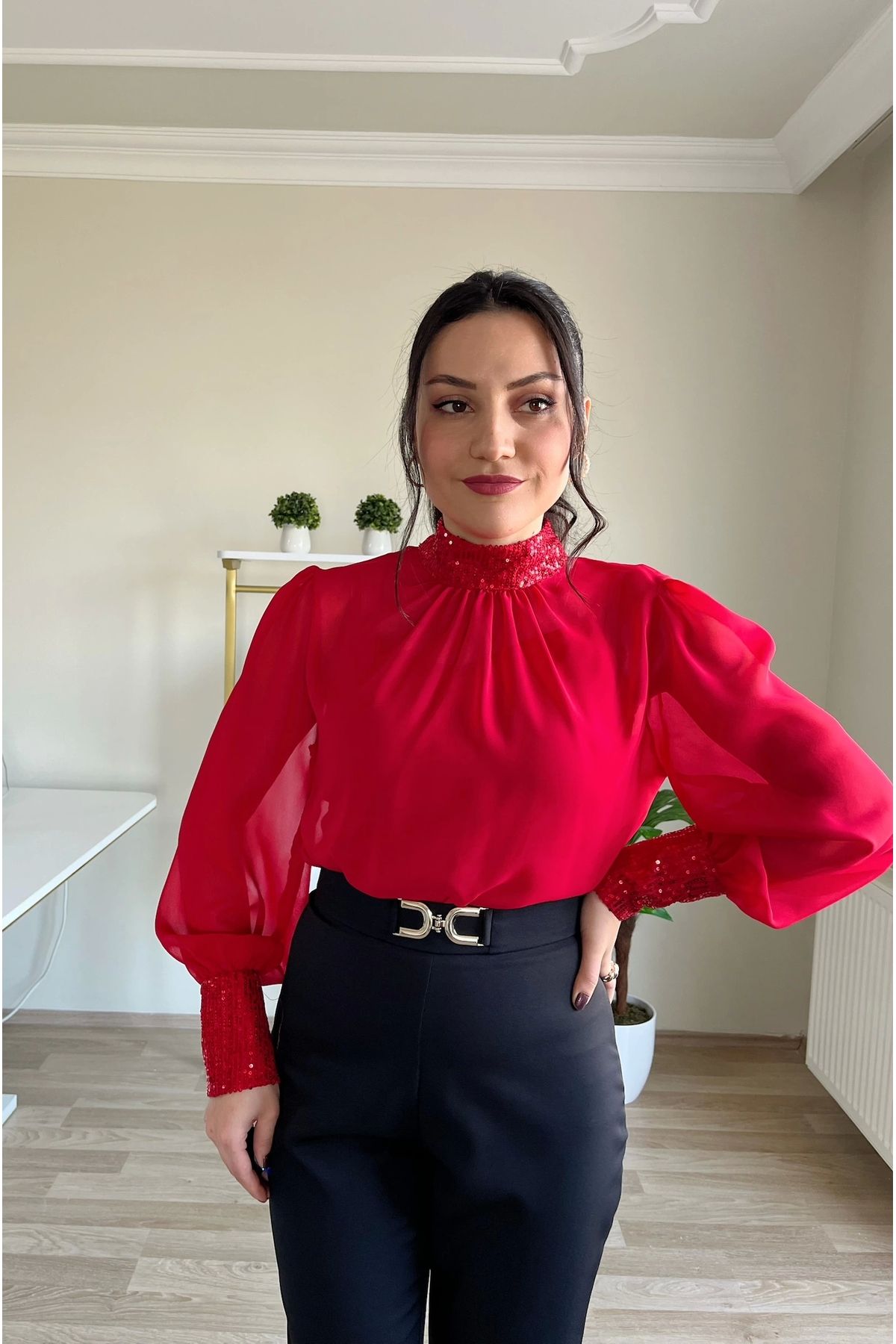 olina boutique Payet Detaylı Bluz Şifon Bluz Kırmızı