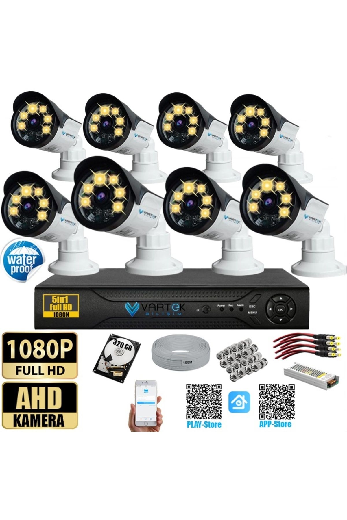 VARTEK BİLİŞİM 8 Kameralı Set 320 Gb Hdd Full Hd Gece Görüşlü Güvenlik Kamerası Sistemi-Sabit İp Gerektirmez-