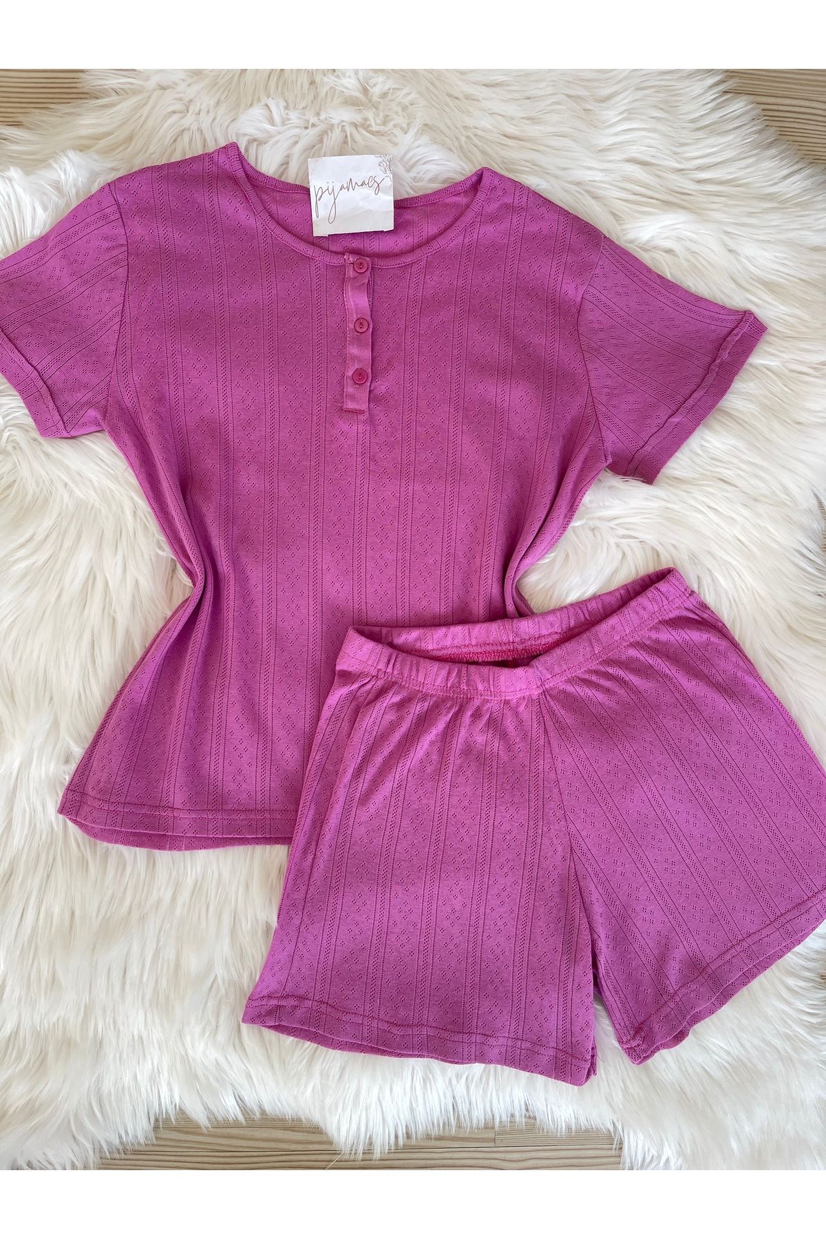 Pijamacs-Pink Button Detailed Shorts Pajama Set 1