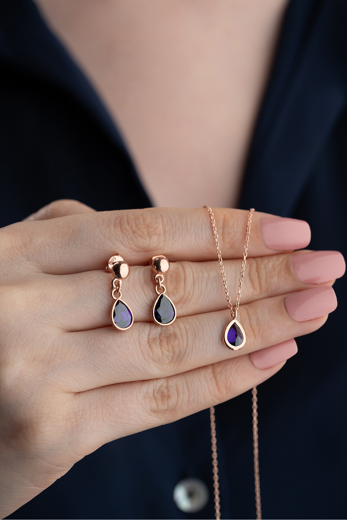 Silvano Jewelry 925 Ayar Gümüş Amatis Taşlı Damla Takı Seti