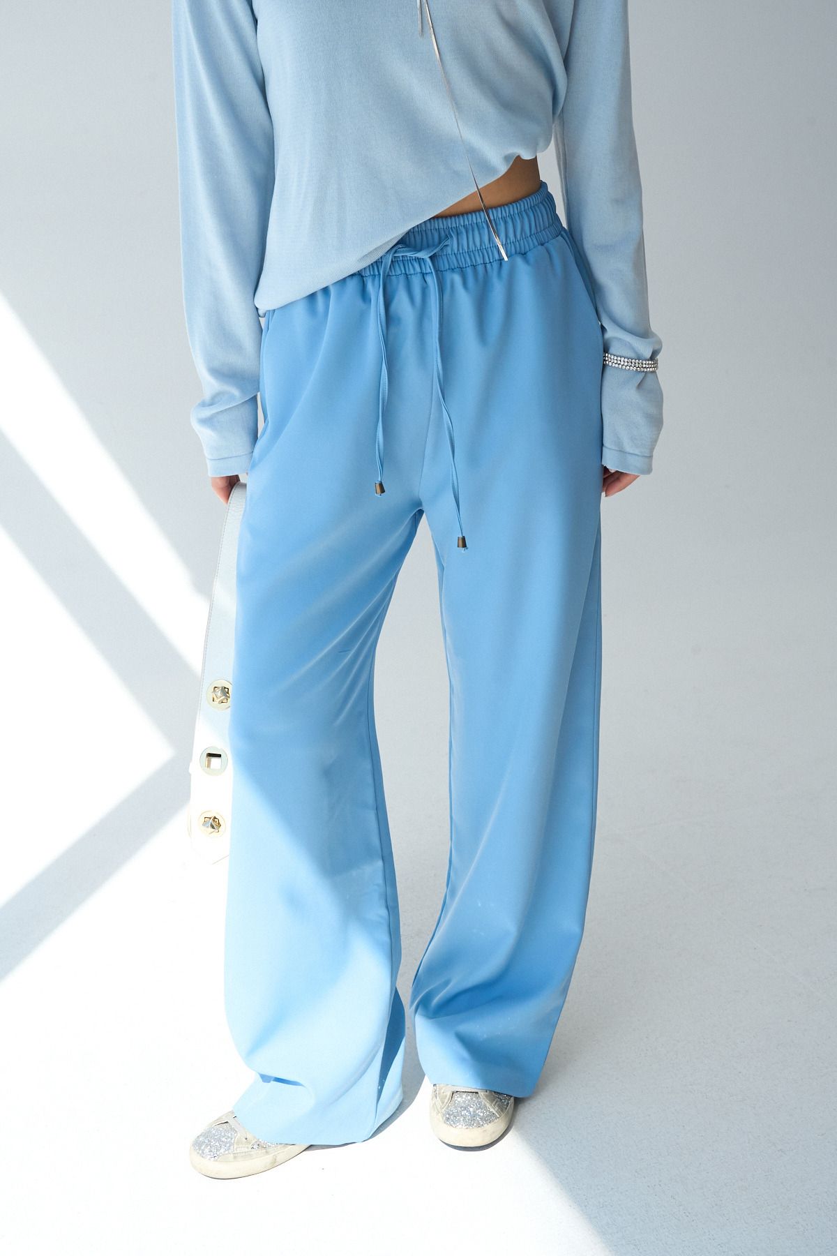 LOOSH-Women's Blue High Waist Lace up Wide Cut Pants 4