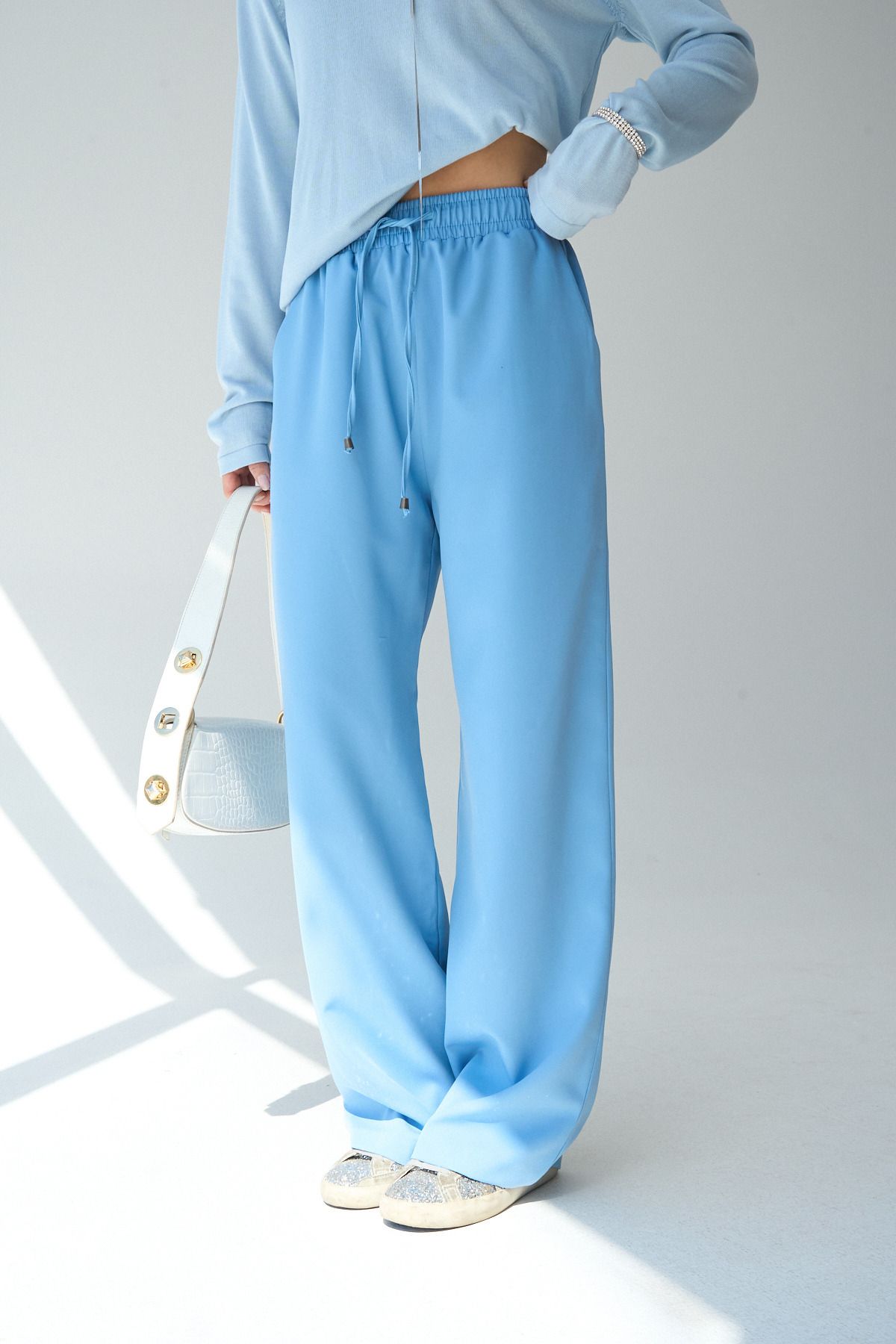 LOOSH-Women's Blue High Waist Lace up Wide Cut Pants 2