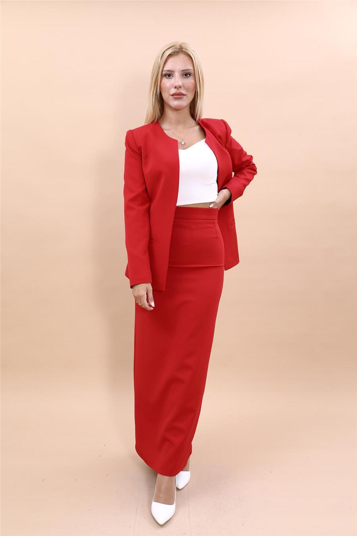 ÖNDER ÖZSOY-Plus Size - Oval Collar Long Jacket & Long Pencil Skirt Suit-Red 3
