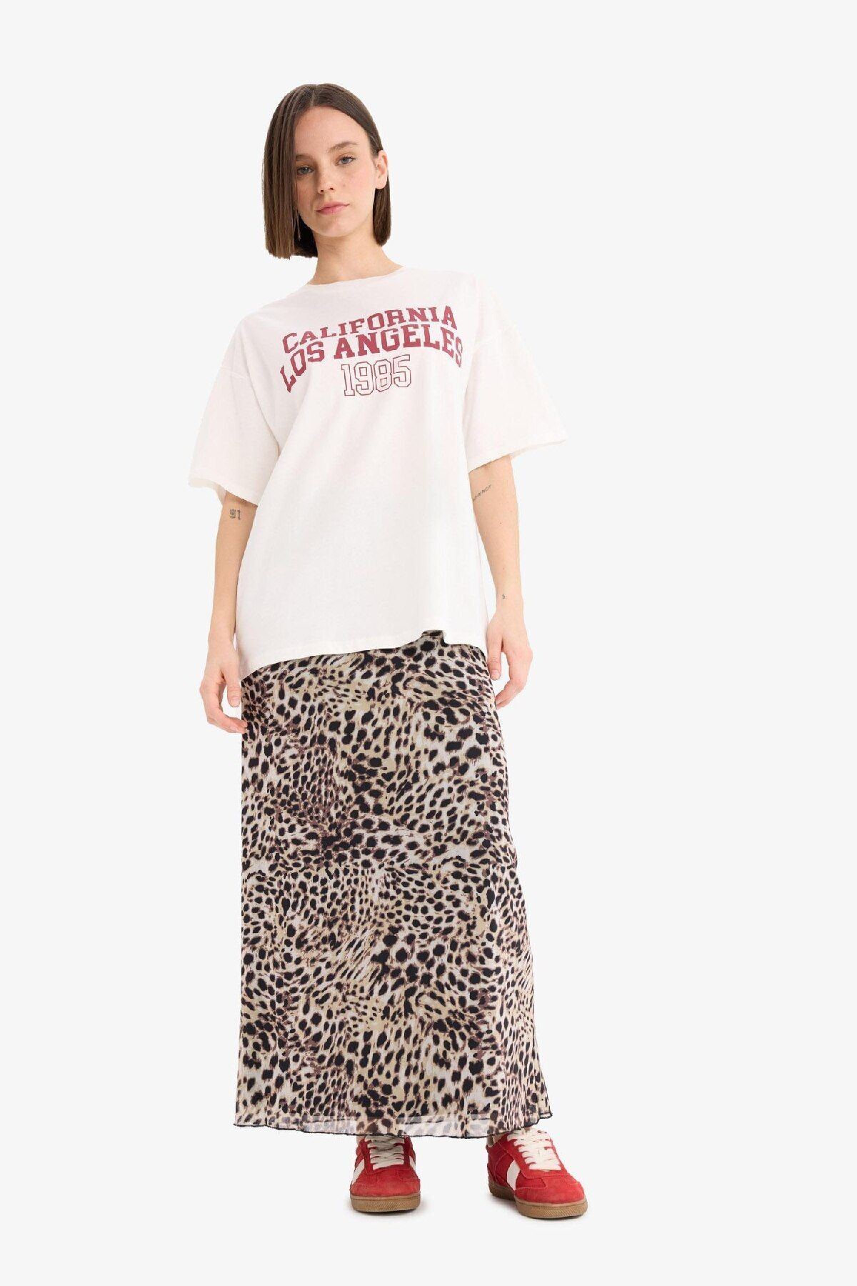 DeFacto-Coool A-Line Leopard Pattern High Waist Combed Cotton Lining Tulle Maxi Skirt D7077Ax25Sp 5