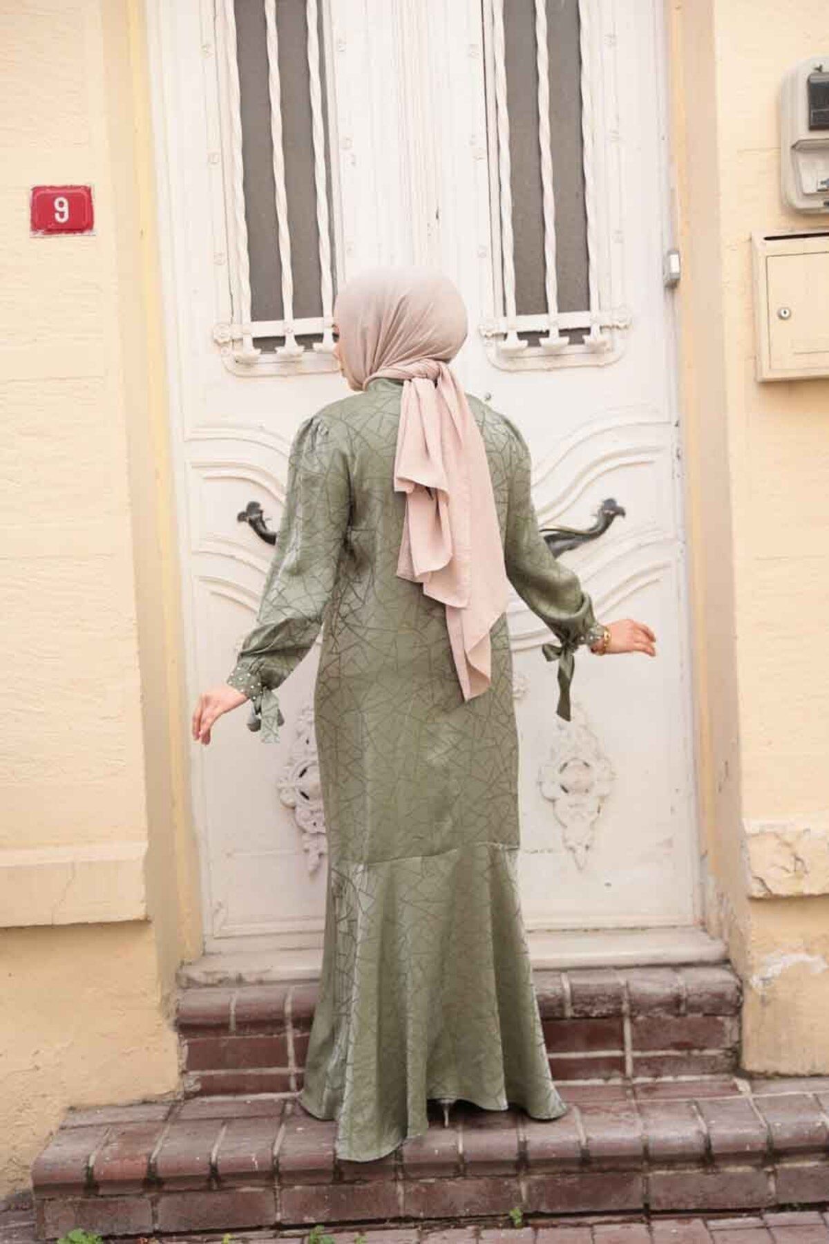 N.S NEVA STYLE-Φόρεμα με σχέδιο Çağla Green Hijab Satin 4457CY 3
